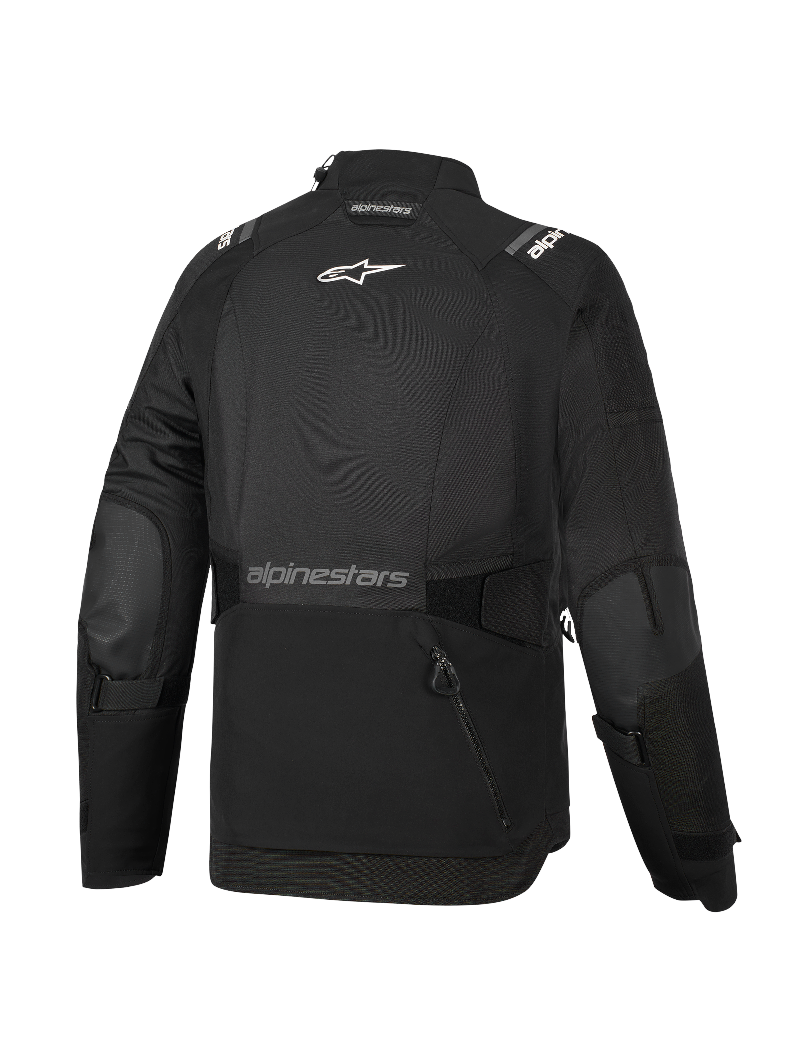 Alpinestars Stella Andes V4 Drystar®-jacka för dam, svart, sedd bakifrån, med ett stort bakre förvaringsfack, vit Alpinestars-logotyp på övre ryggen och textlogotyp på nedre delen av ryggen, justerbara midje- och ärmremmar, slitstark textiljacka för äventyrstouring