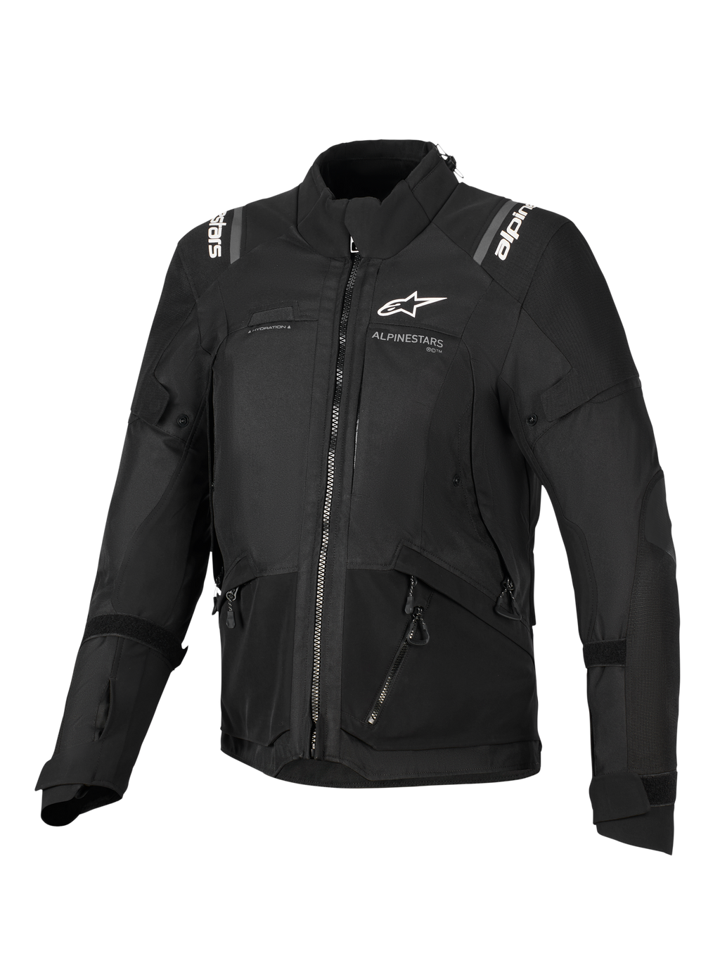 Alpinestars Stella Andes V4 Drystar®-jacka, motorcykeljacka för dam, svart, vy framifrån med vita logotyper på bröstet och axlarna, textilkonstruktion i flera paneler med dragkedjor och reflekterande detaljer, adventure-touring-stil