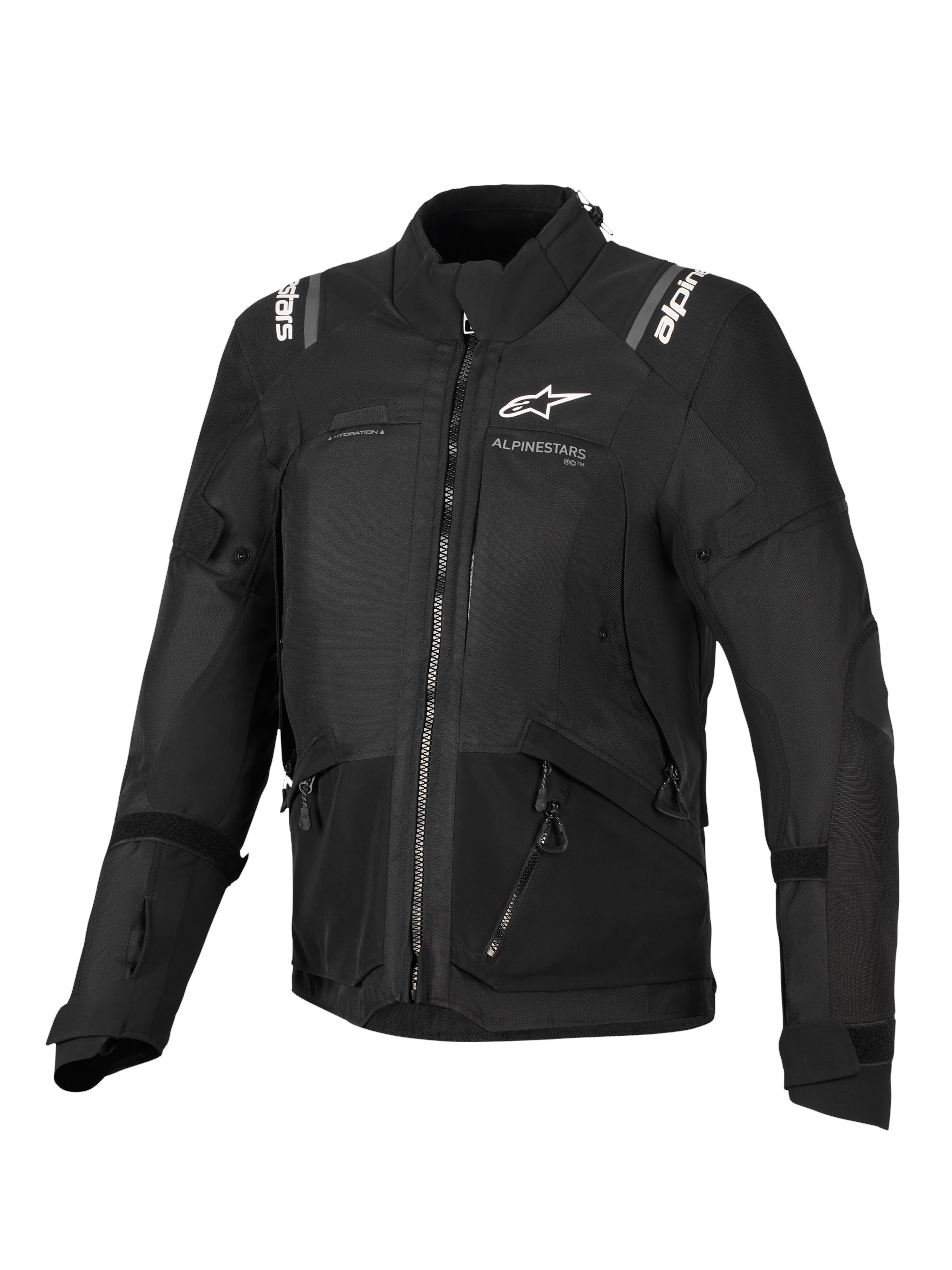 Alpinestars Stella Andes V4 Drystar®-jacka, motorcykeljacka för dam, svart, vy framifrån med vita logotyper på bröstet och axlarna, textilkonstruktion i flera paneler med dragkedjor och reflekterande detaljer, adventure-touring-stil