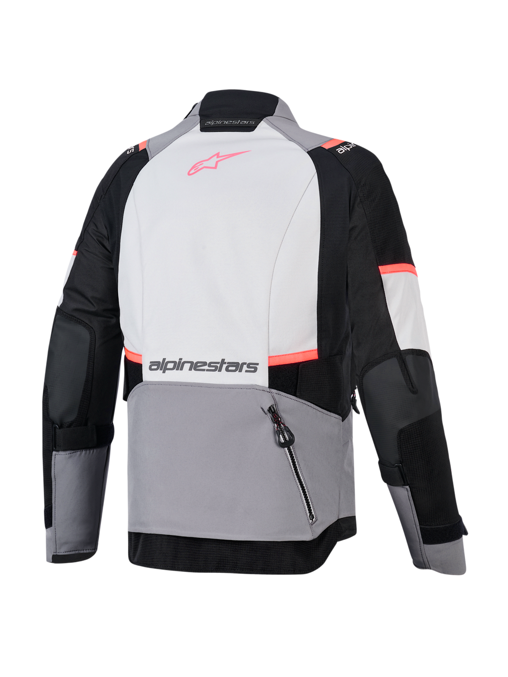 Alpinestars Stella Andes V4 Drystar damjacka, grå och svart adventurejacka bakifrån med korallfärgade detaljer och ryggficka.
