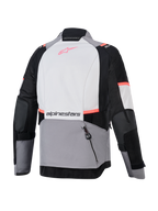 Alpinestars Stella Andes V4 Drystar damjacka, grå och svart adventurejacka bakifrån med korallfärgade detaljer och ryggficka.