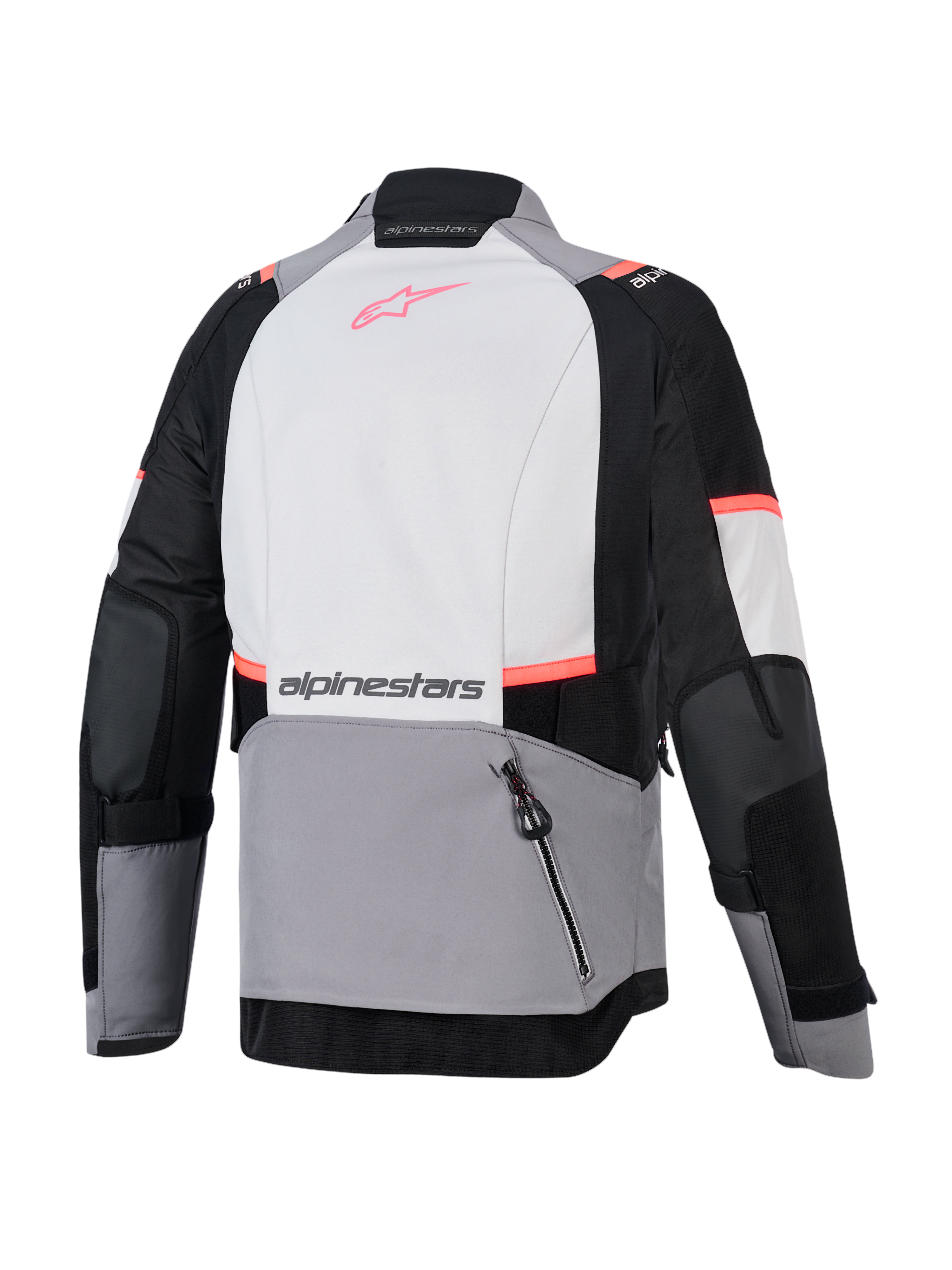 Alpinestars Stella Andes V4 Drystar damjacka, grå och svart adventurejacka bakifrån med korallfärgade detaljer och ryggficka.