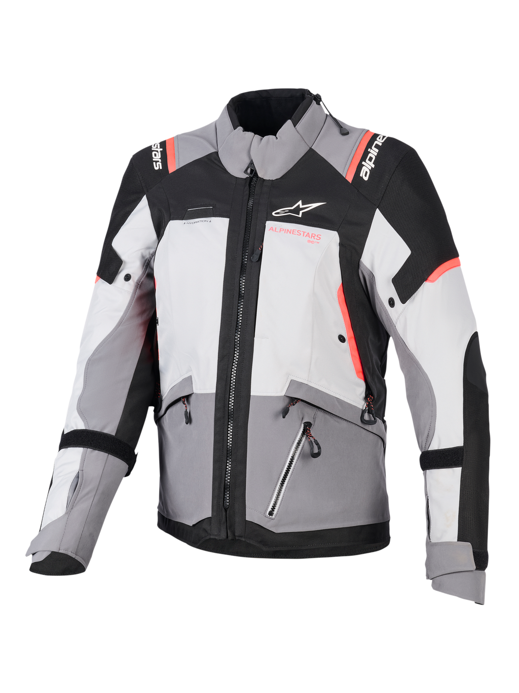 Alpinestars Stella Andes V4 Drystar dam-mc-jacka, grå och svart med korallrosa accenter, vattentät textil.