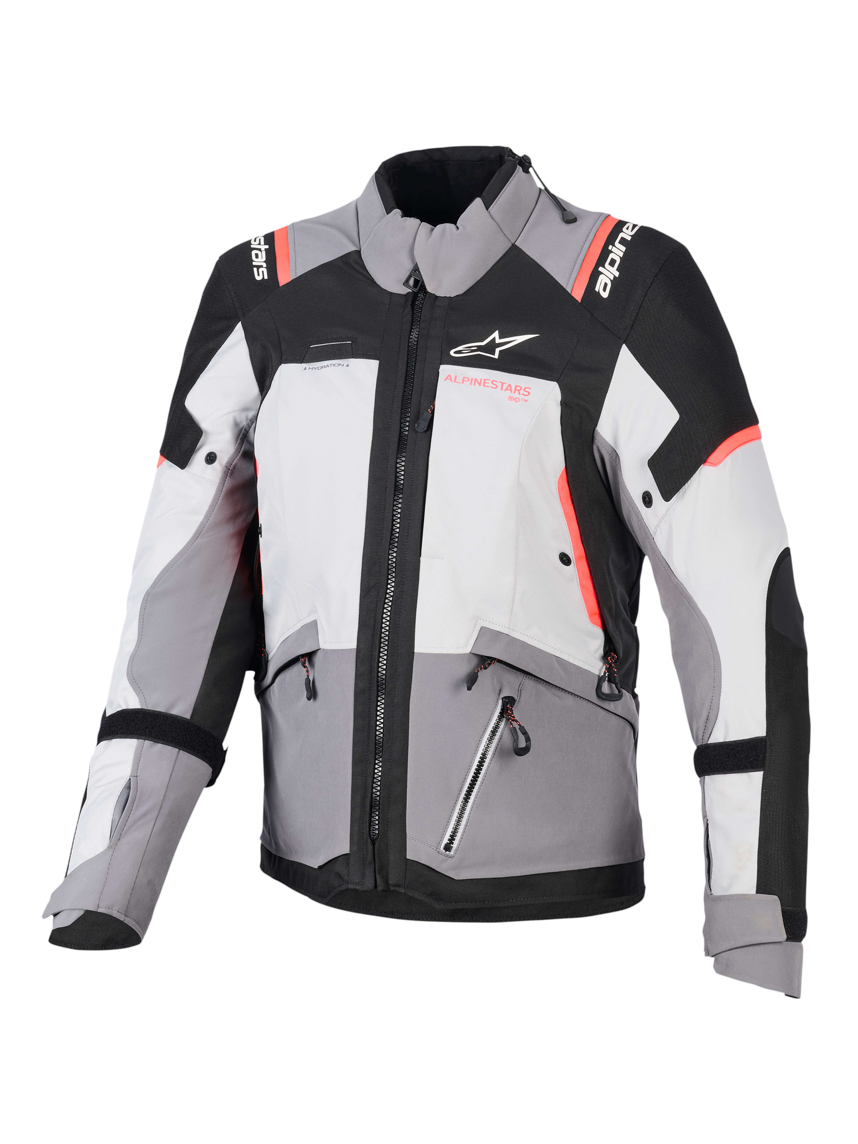 Alpinestars Stella Andes V4 Drystar dam-mc-jacka, grå och svart med korallrosa accenter, vattentät textil.