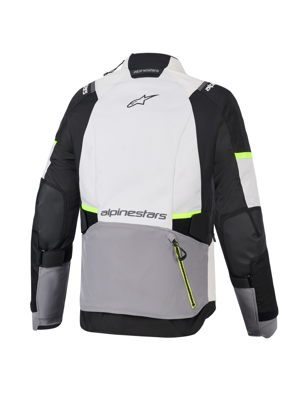 Alpinestars Stella Andes V4 Drystar® jacka, äventyrsjacka för dam, Ice Gray, Dark Gray och svart med neongula detaljer, baksida som visar en stor bakficka och Alpinestars-logotyp