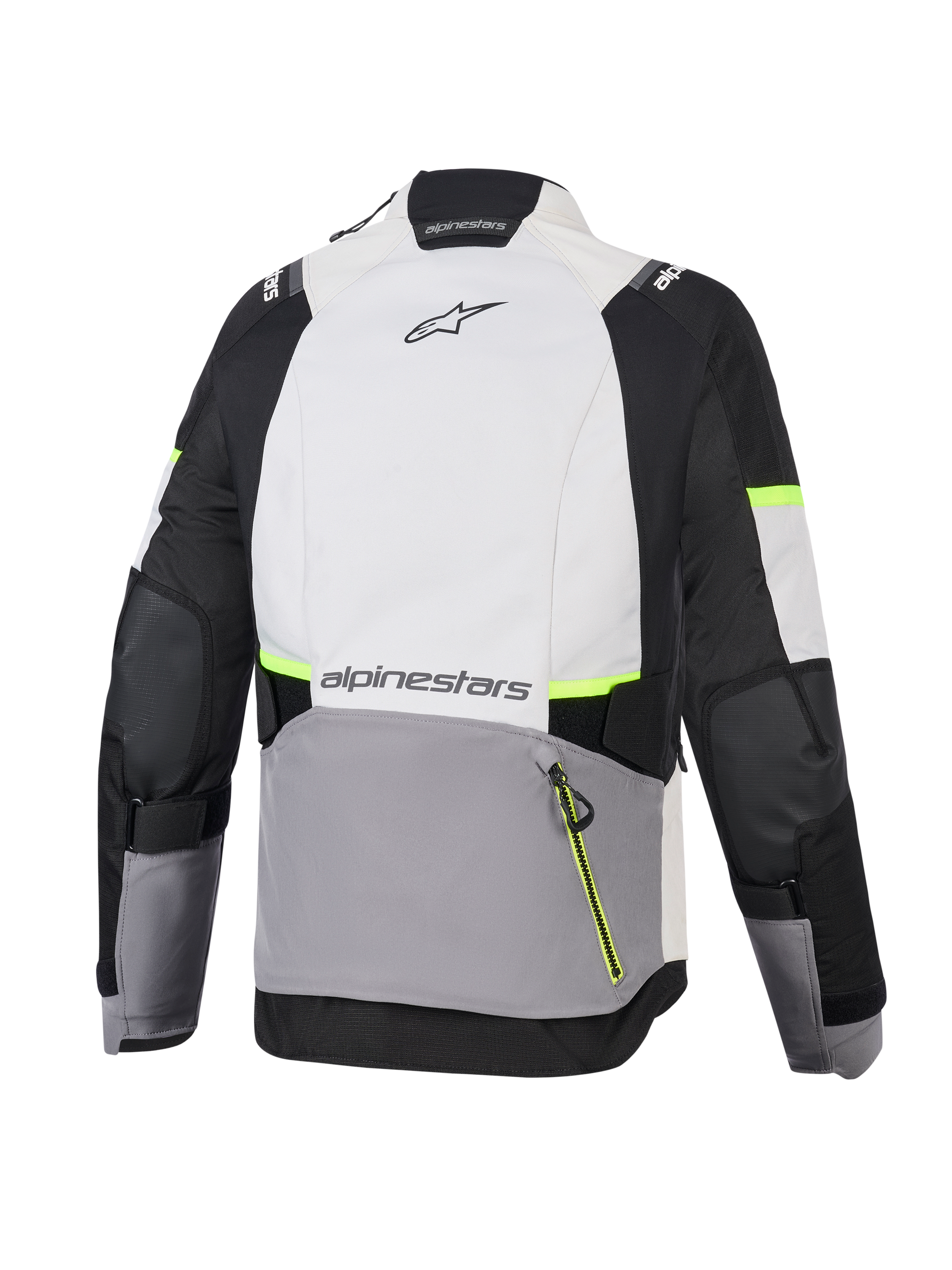 Alpinestars Stella Andes V4 Drystar® jacka, äventyrsjacka för dam, Ice Gray, Dark Gray och svart med neongula detaljer, baksida som visar en stor bakficka och Alpinestars-logotyp