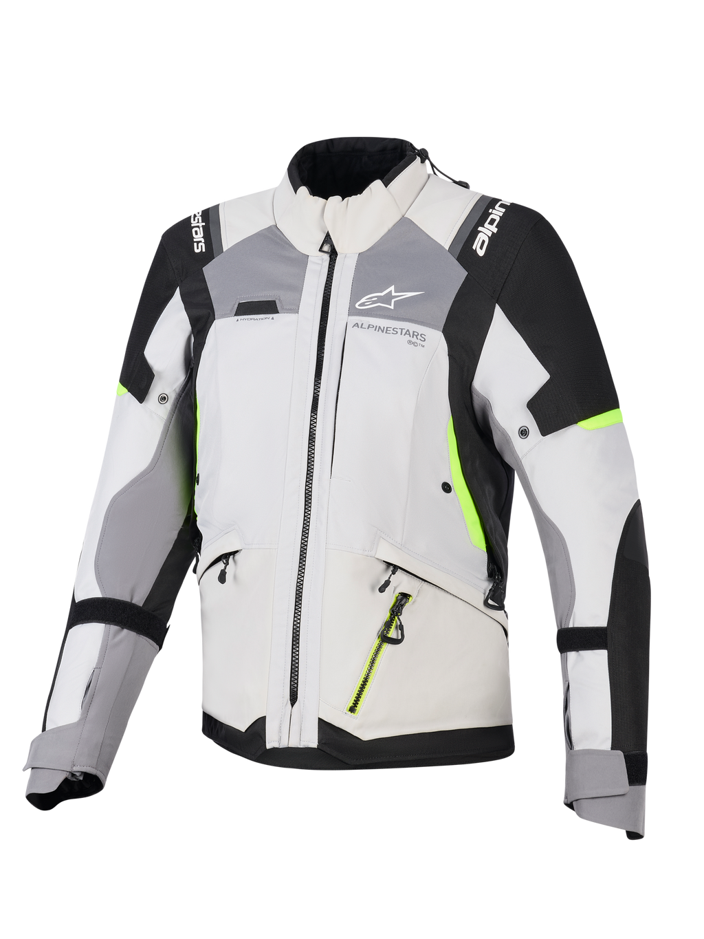 Alpinestars Stella Andes V4 Drystar® jacka för damer, adventure touring-jacka, isgrå och mörkgrå med svarta och neongula detaljer, slitstark textilkonstruktion med vattentäta dragkedjor och Alpinestars logotyp, framifrån