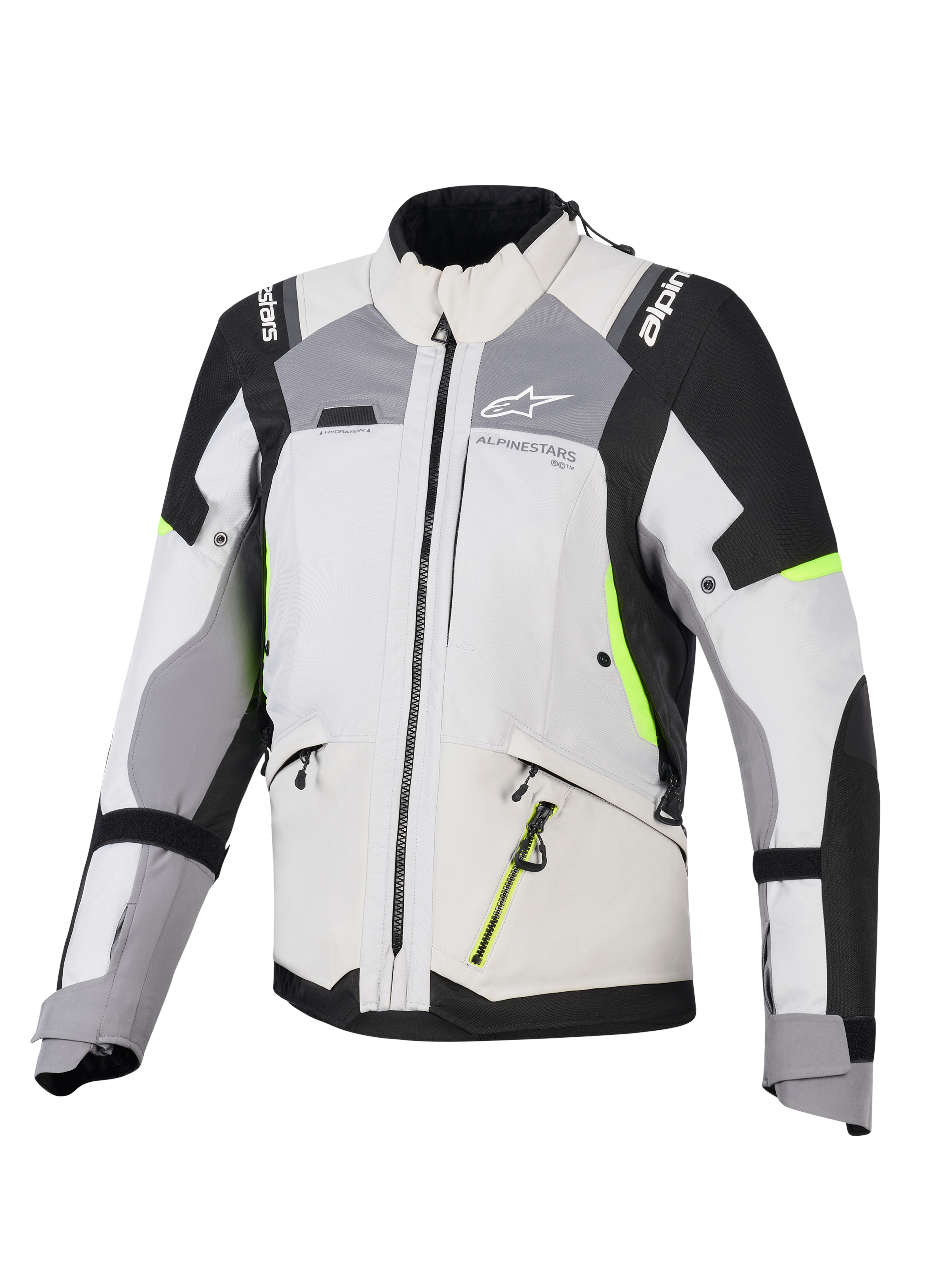 Alpinestars Stella Andes V4 Drystar® jacka för damer, adventure touring-jacka, isgrå och mörkgrå med svarta och neongula detaljer, slitstark textilkonstruktion med vattentäta dragkedjor och Alpinestars logotyp, framifrån
