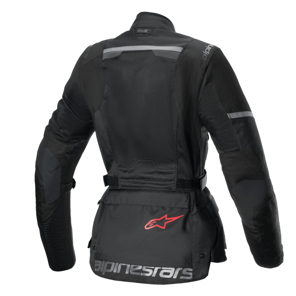 Alpinestars Stella Andes Air Drystar jacka, dam touring motorcykeljacka, bakifrån, svart med omfattande meshpaneler, ripstop-förstärkningar och en förvaringsficka på nedre delen av ryggen med en röd logotyp