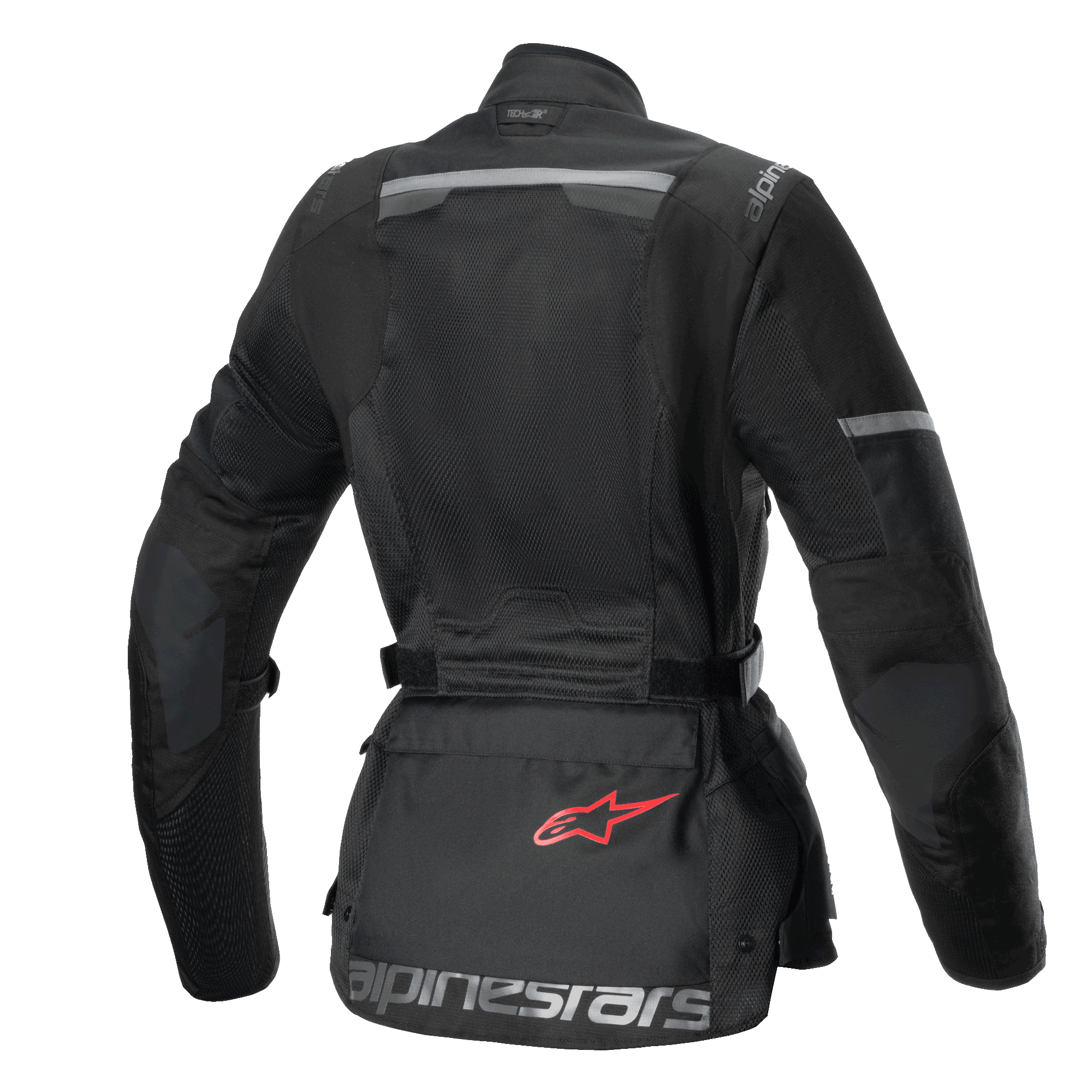 Alpinestars Stella Andes Air Drystar jacka, dam touring motorcykeljacka, bakifrån, svart med omfattande meshpaneler, ripstop-förstärkningar och en förvaringsficka på nedre delen av ryggen med en röd logotyp