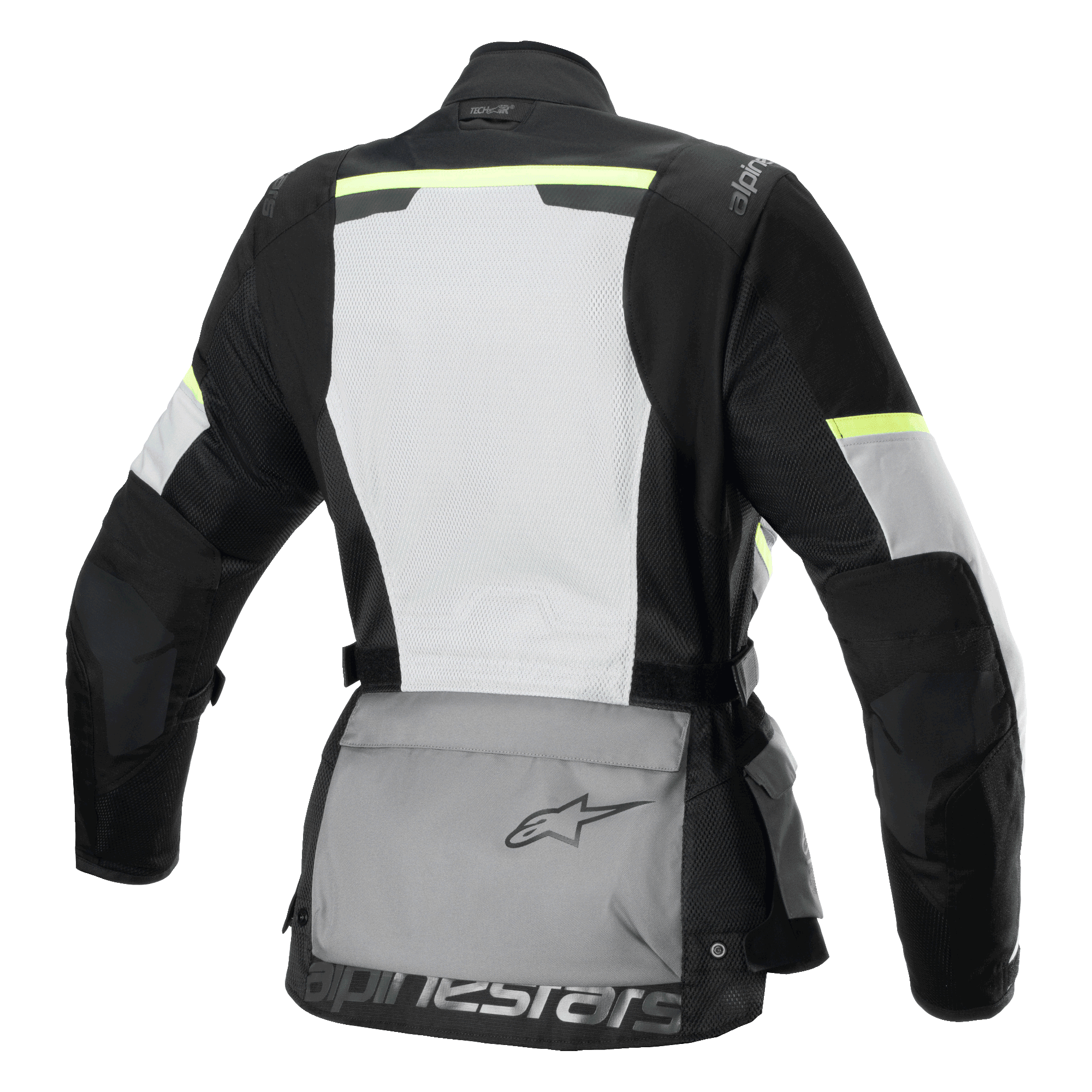 Alpinestars Stella Andes Air Drystar® jacka, touringjacka för dam, sedd bakifrån, Ice Gray, Dark Gray och svart, med en stor vit ryggpanel i mesh, grå förvaringsficka bak med logotyp, gula hi-viz-detaljer och textilkonstruktion för luftflöde och skydd.