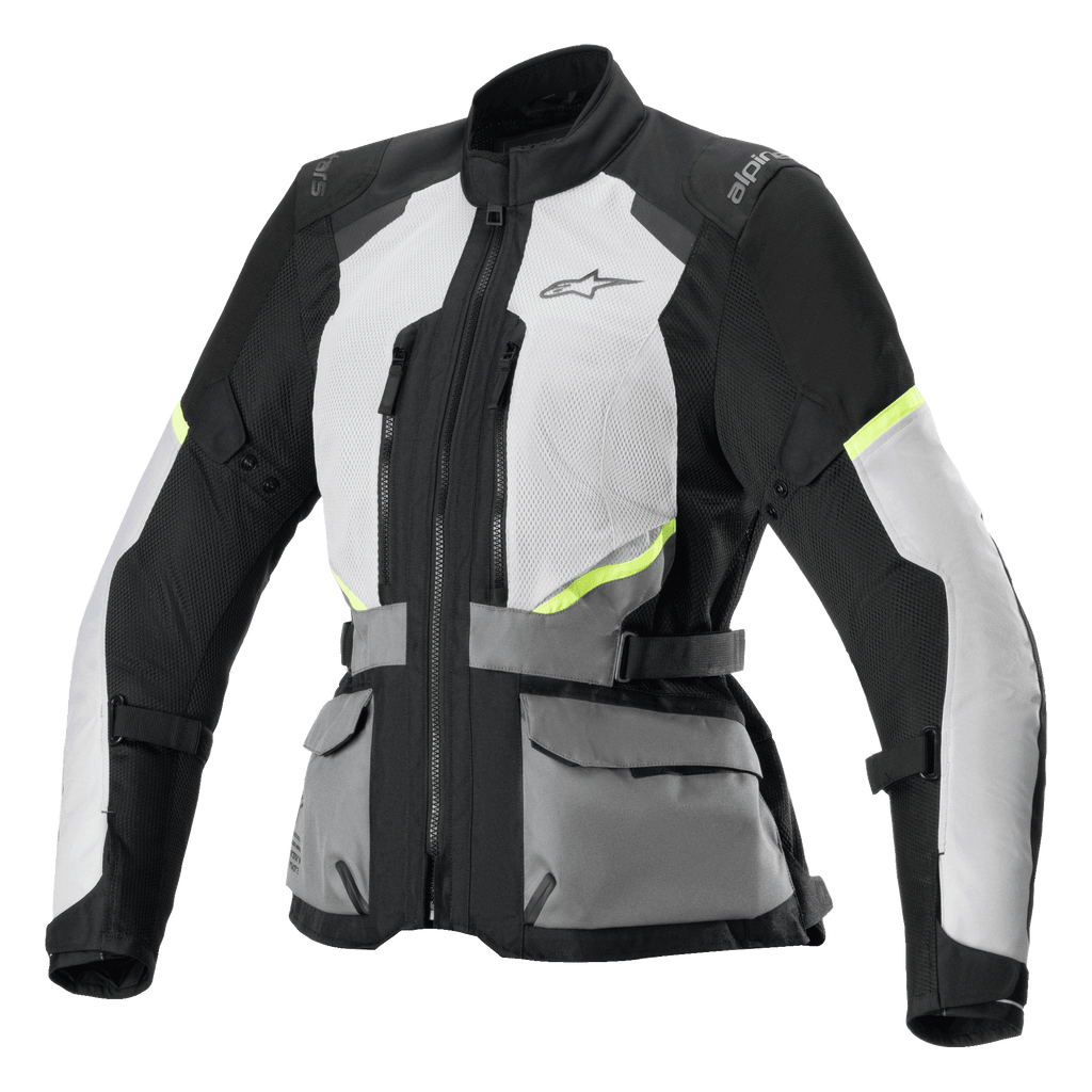 Alpinestars Stella Andes Air Drystar-jacka, MC-touringjacka för dam, isgrå och mörkgrå med svarta och neongula detaljer, omfattande ventilationspaneler i mesh, praktiska framfickor och justerbara midjeremmar, teknisk touringdesign