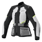 Alpinestars Stella Andes Air Drystar-jacka, MC-touringjacka för dam, isgrå och mörkgrå med svarta och neongula detaljer, omfattande ventilationspaneler i mesh, praktiska framfickor och justerbara midjeremmar, teknisk touringdesign