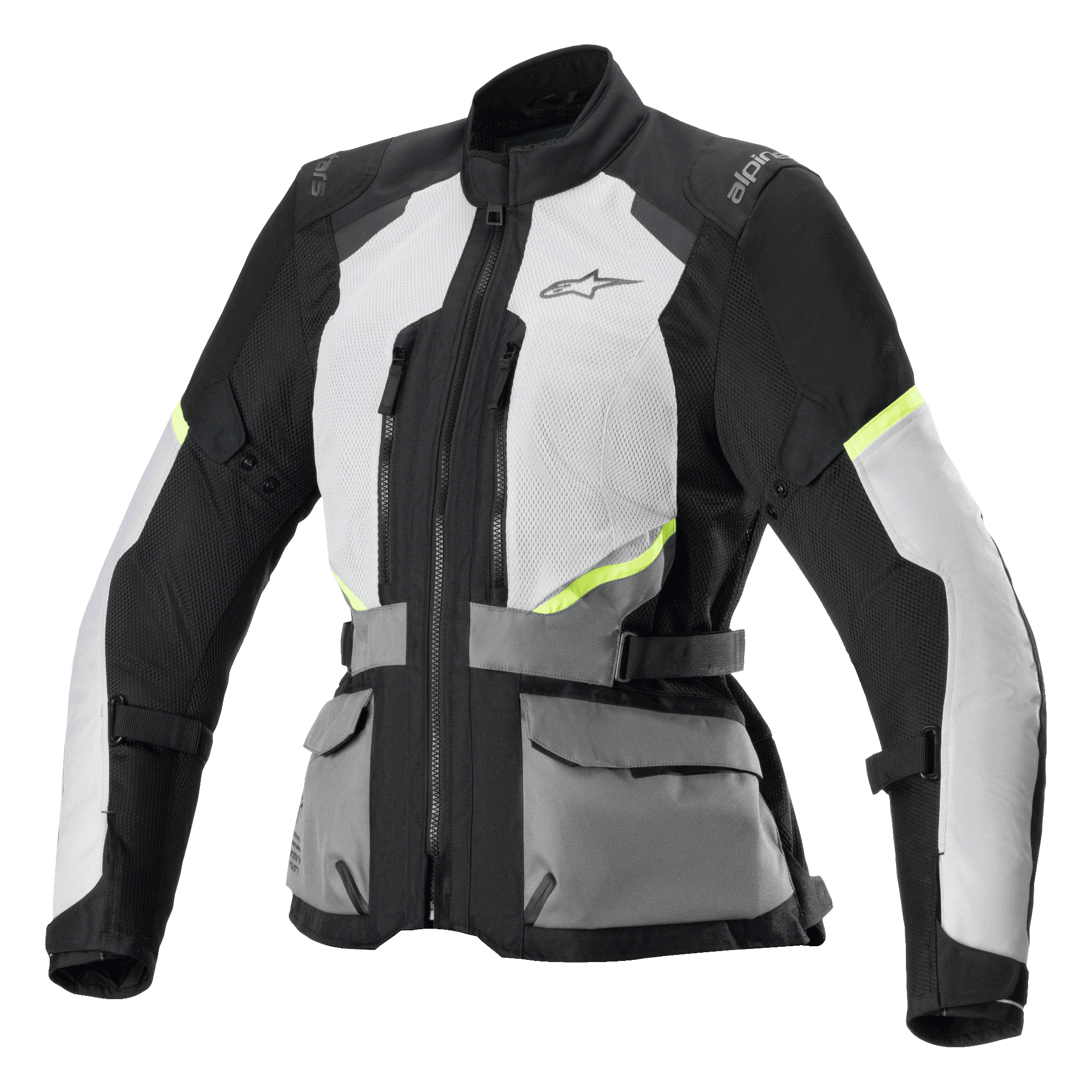 Alpinestars Stella Andes Air Drystar-jacka, MC-touringjacka för dam, isgrå och mörkgrå med svarta och neongula detaljer, omfattande ventilationspaneler i mesh, praktiska framfickor och justerbara midjeremmar, teknisk touringdesign