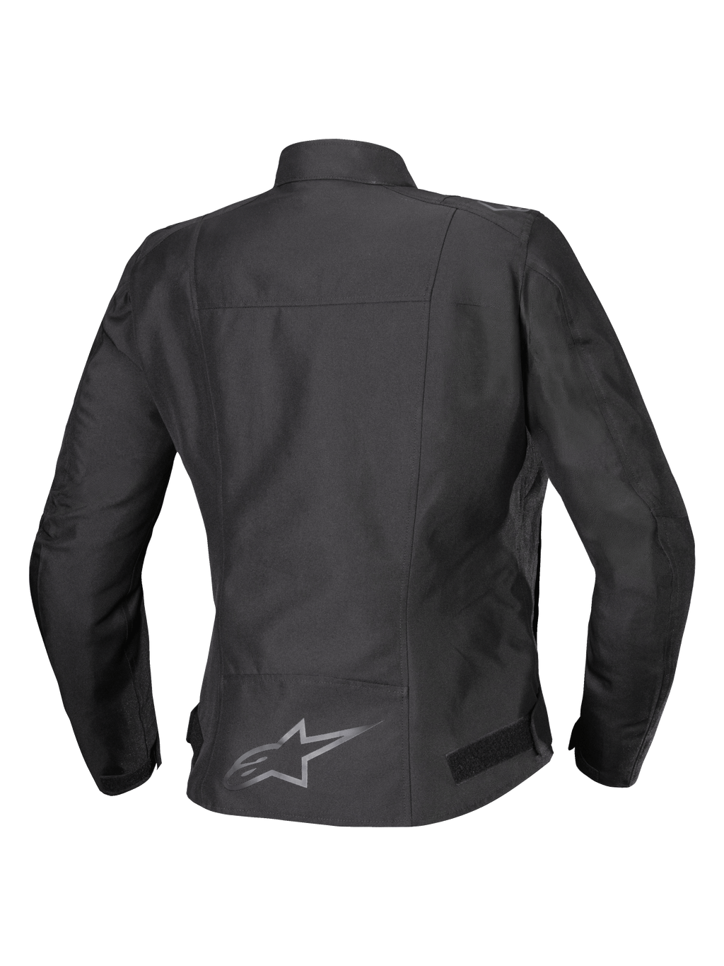 Alpinestars Stella T-SPS V2 Waterproof Jacket, baksida, svart, motorcykeljacka i textil för dam med en reflekterande logotyp på nedre delen av ryggen och en sportig, figursydd siluett