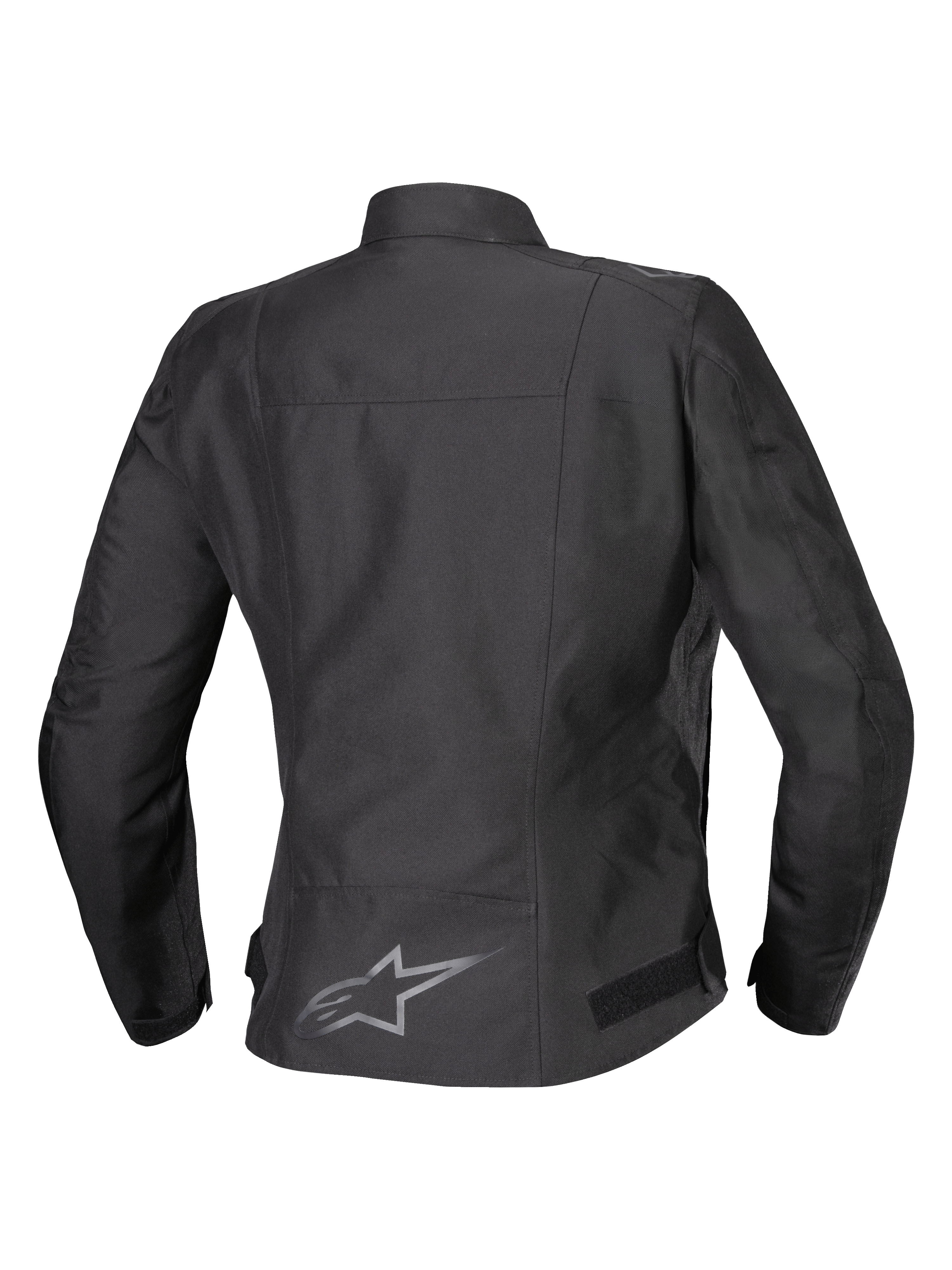 Alpinestars Stella T-SPS V2 Waterproof Jacket, baksida, svart, motorcykeljacka i textil för dam med en reflekterande logotyp på nedre delen av ryggen och en sportig, figursydd siluett