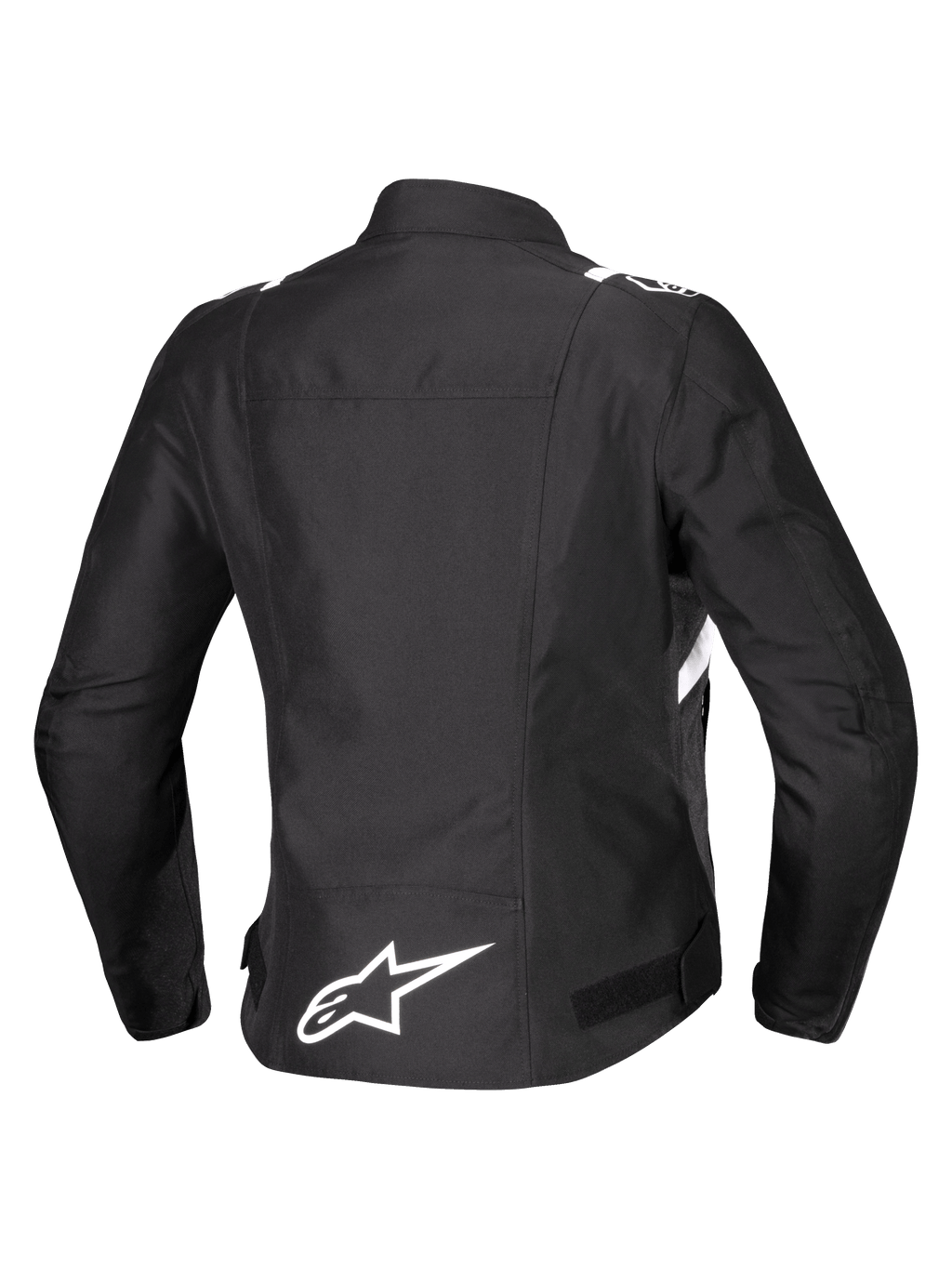Alpinestars Stella T-SPS V2 Waterproof-jacka, ryggvy, motorcykeljacka för dam i textil, svart med vita detaljer, vit Alpinestars-stjärnlogotyp på nedre ryggen och sportig racinginspirerad silhuett