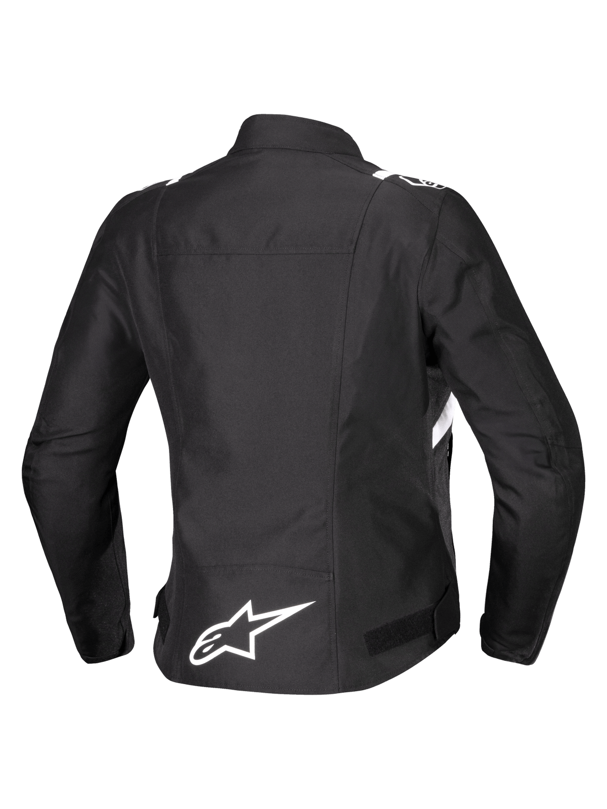 Alpinestars Stella T-SPS V2 Waterproof-jacka, ryggvy, motorcykeljacka för dam i textil, svart med vita detaljer, vit Alpinestars-stjärnlogotyp på nedre ryggen och sportig racinginspirerad silhuett