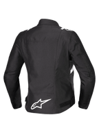 Alpinestars Stella T-SPS V2 Waterproof-jacka, ryggvy, motorcykeljacka för dam i textil, svart med vita detaljer, vit Alpinestars-stjärnlogotyp på nedre ryggen och sportig racinginspirerad silhuett