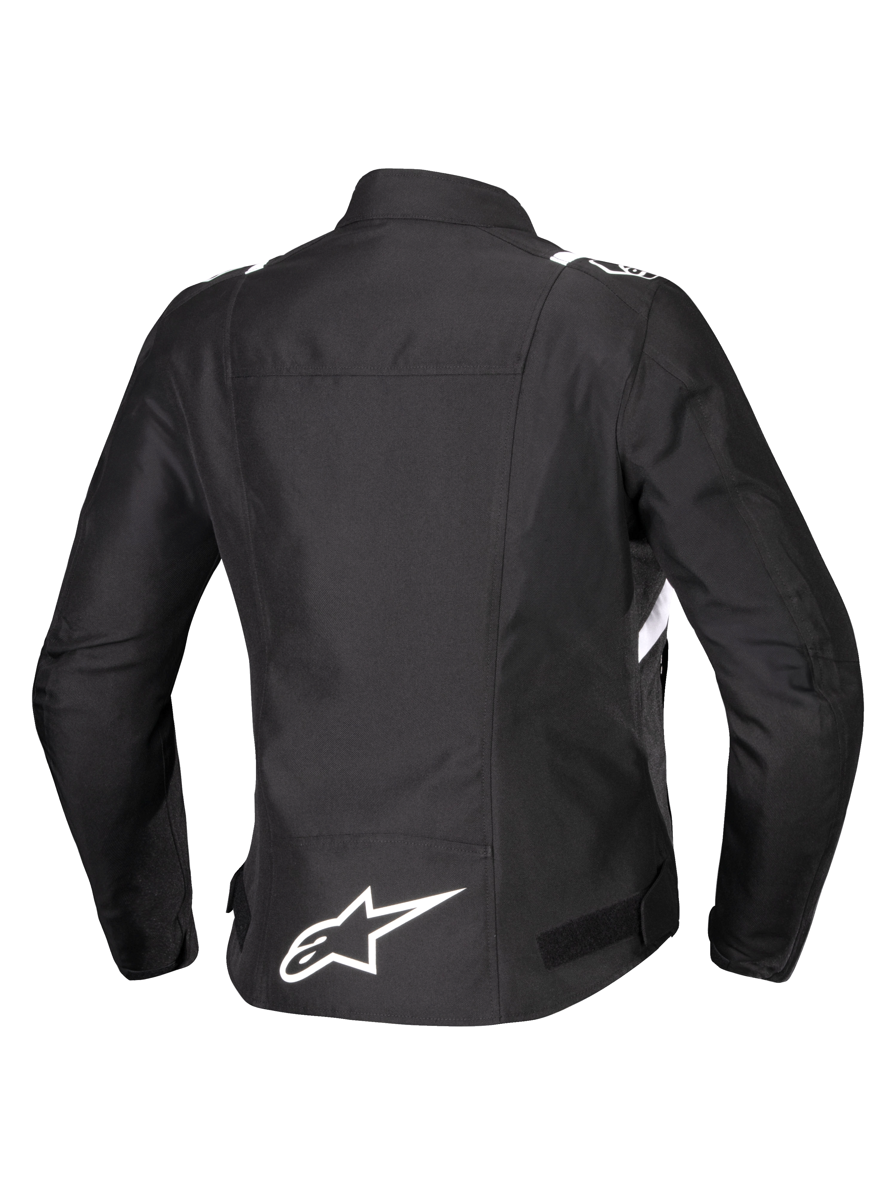Alpinestars Stella T-SPS V2 Waterproof-jacka, ryggvy, motorcykeljacka för dam i textil, svart med vita detaljer, vit Alpinestars-stjärnlogotyp på nedre ryggen och sportig racinginspirerad silhuett