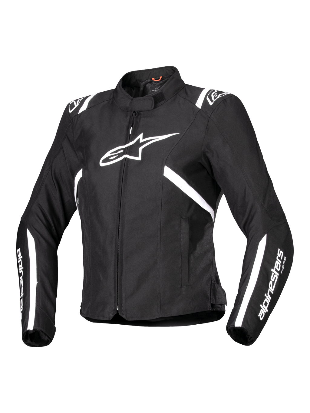 Alpinestars Stella T-SPS V2 Waterproof Jacket, motorcykeljacka för damer, svart och vit, med en stor vit stjärnlogotyp på bröstet, vita ränder på axlar och ärmar, stilren racinginspirerad silhuett, hög krage och slitstarkt textilmaterial