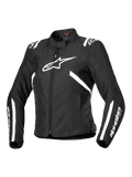 Alpinestars Stella T-SPS V2 Waterproof Jacket, motorcykeljacka för damer, svart och vit, med en stor vit stjärnlogotyp på bröstet, vita ränder på axlar och ärmar, stilren racinginspirerad silhuett, hög krage och slitstarkt textilmaterial