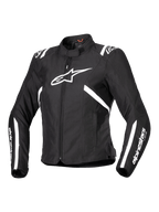 Alpinestars Stella T-SPS V2 Waterproof Jacket, motorcykeljacka för damer, svart och vit, med en stor vit stjärnlogotyp på bröstet, vita ränder på axlar och ärmar, stilren racinginspirerad silhuett, hög krage och slitstarkt textilmaterial