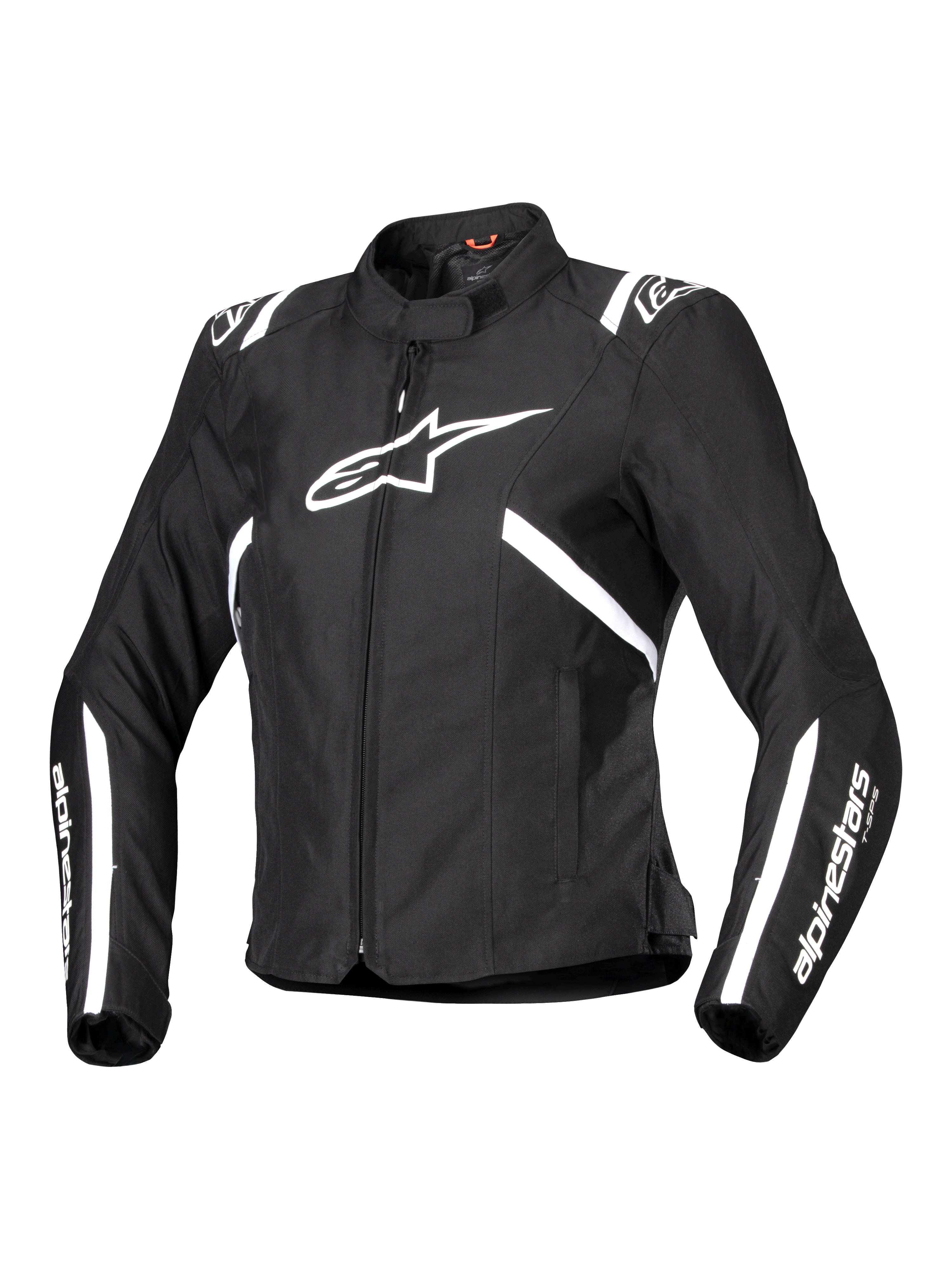 Alpinestars Stella T-SPS V2 Waterproof Jacket, motorcykeljacka för damer, svart och vit, med en stor vit stjärnlogotyp på bröstet, vita ränder på axlar och ärmar, stilren racinginspirerad silhuett, hög krage och slitstarkt textilmaterial