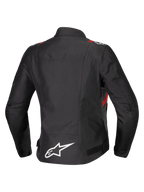 Alpinestars Stella T-SPS V2 Waterproof Jacket, vy bakifrån, svart med röda och vita detaljer, textil mc-jacka för dam med en stor vit Alpinestars-logotyp på nedre delen av ryggen och sportig siluett