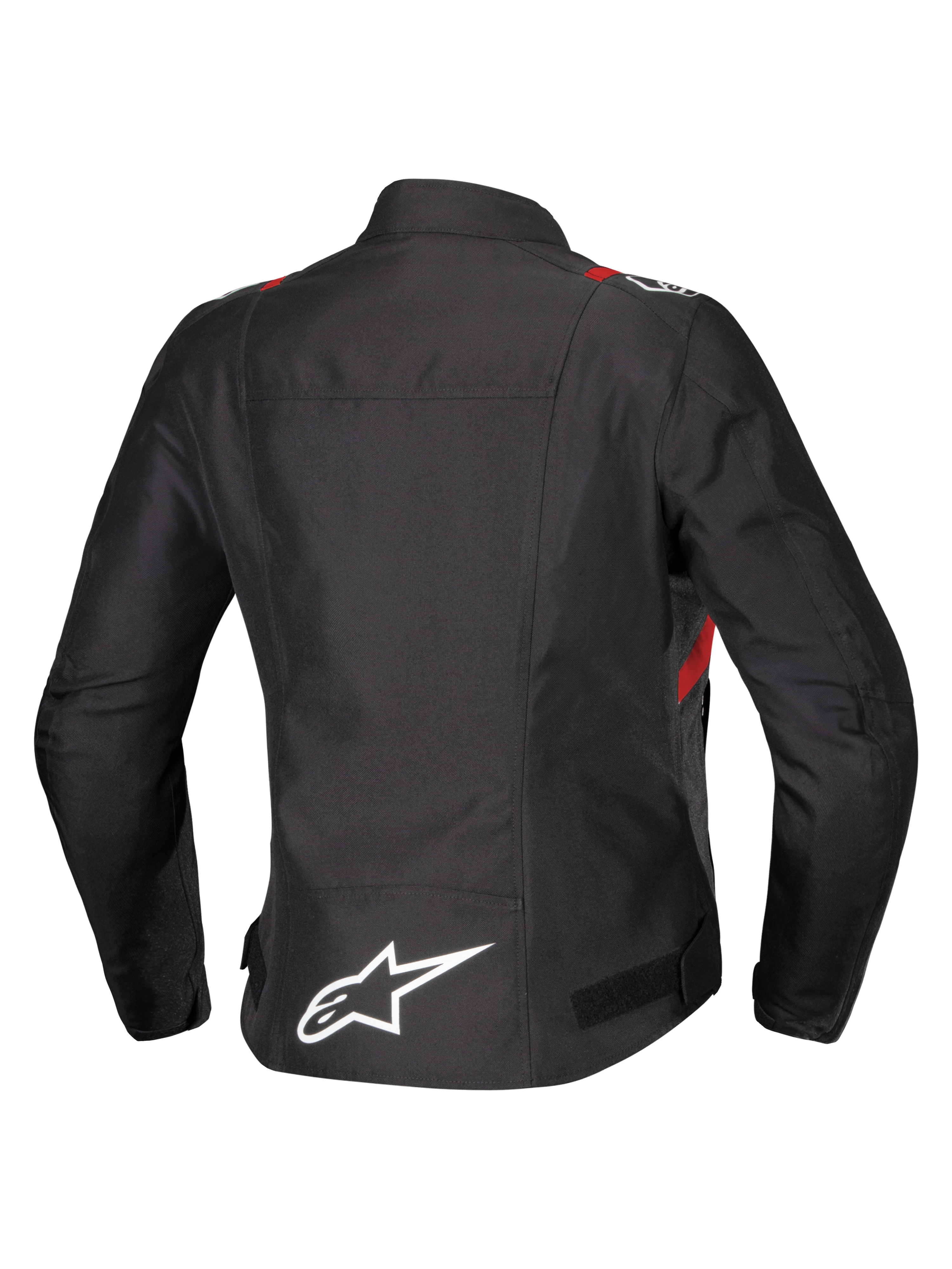 Alpinestars Stella T-SPS V2 Waterproof Jacket, vy bakifrån, svart med röda och vita detaljer, textil mc-jacka för dam med en stor vit Alpinestars-logotyp på nedre delen av ryggen och sportig siluett