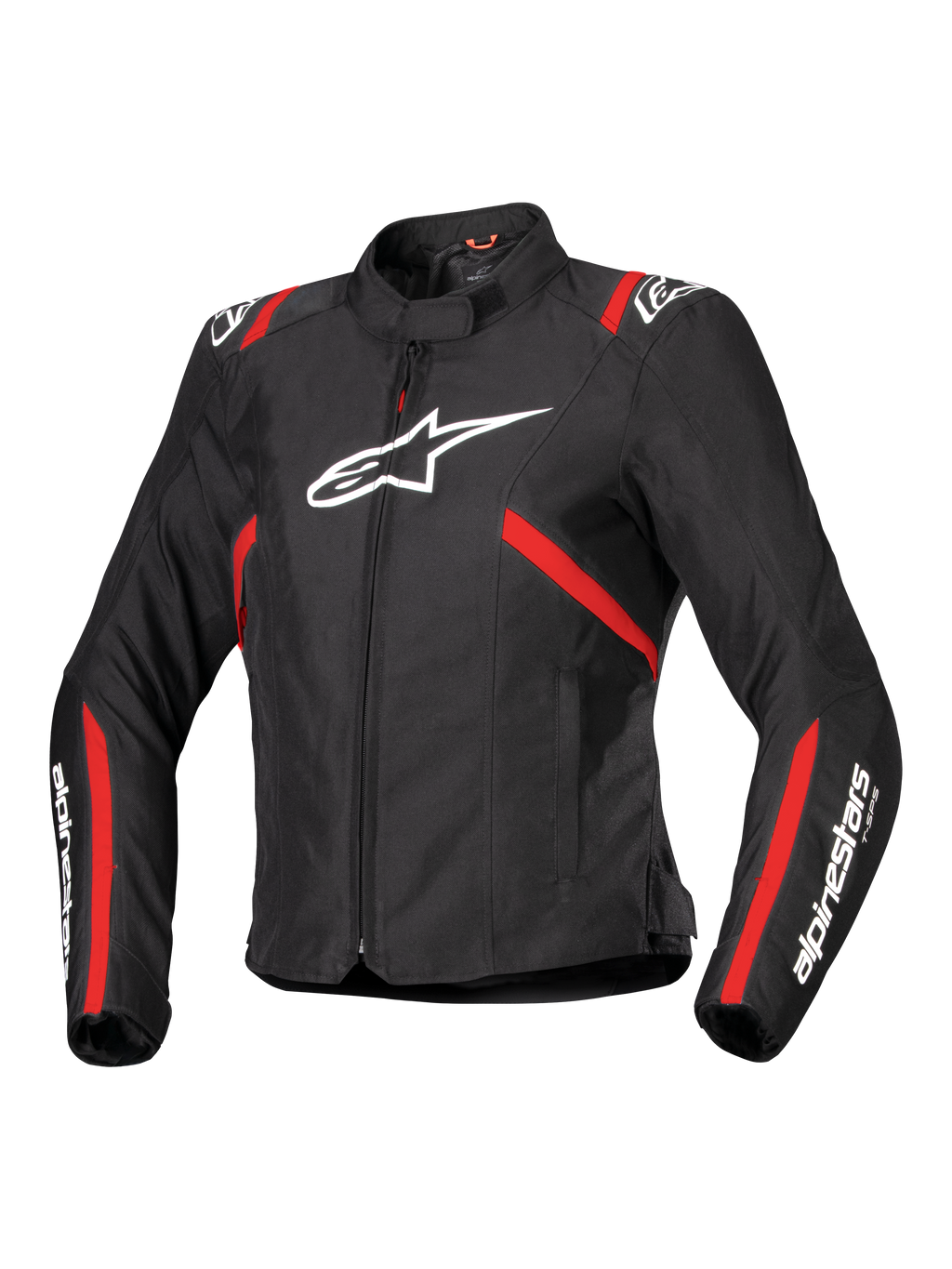 Alpinestars Stella T-SPS V2 Waterproof Jacket, sportmotorcykeljacka för dam, svart med röda ränder och vita logotyper, racinginspirerad figursydd design med hög krage och dragkedja framtill