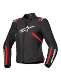 Alpinestars Stella T-SPS V2 Waterproof Jacket, sportmotorcykeljacka för dam, svart med röda ränder och vita logotyper, racinginspirerad figursydd design med hög krage och dragkedja framtill