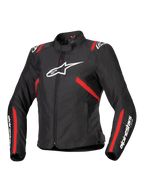 Alpinestars Stella T-SPS V2 Waterproof Jacket, sportmotorcykeljacka för dam, svart med röda ränder och vita logotyper, racinginspirerad figursydd design med hög krage och dragkedja framtill