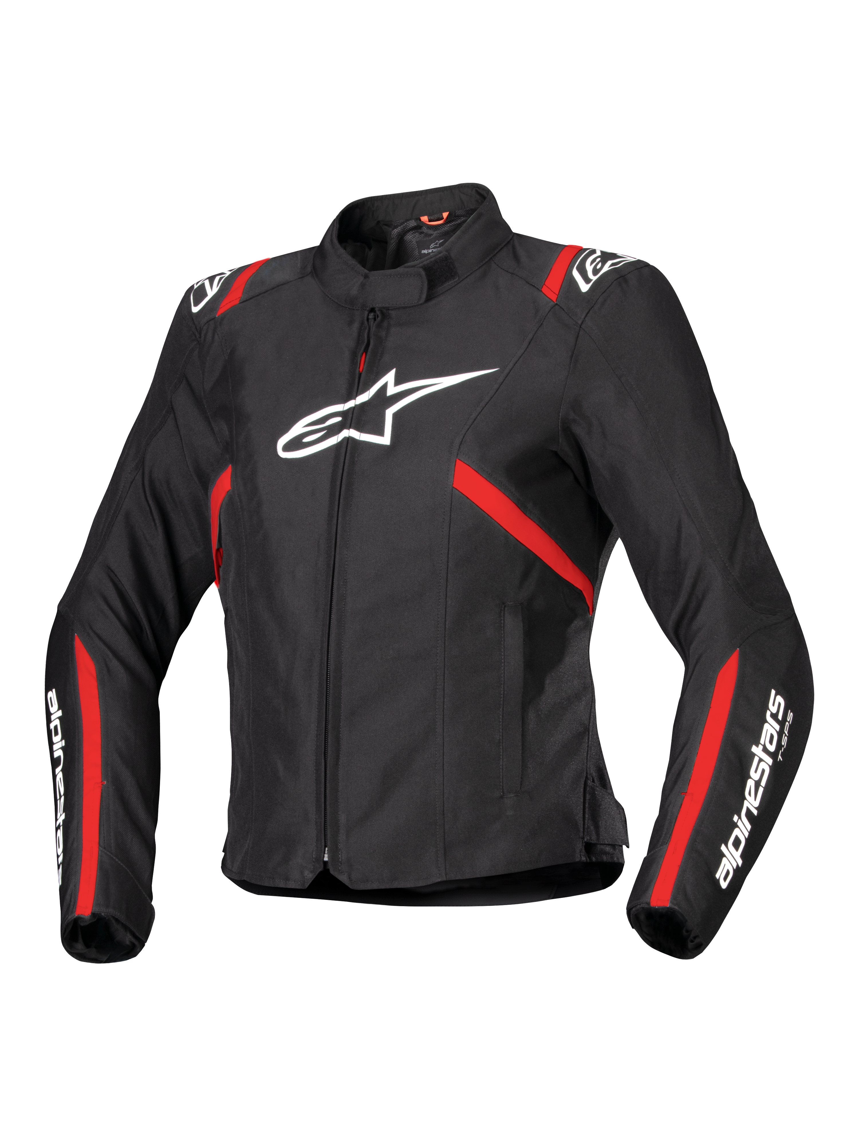Alpinestars Stella T-SPS V2 Waterproof Jacket, sportmotorcykeljacka för dam, svart med röda ränder och vita logotyper, racinginspirerad figursydd design med hög krage och dragkedja framtill