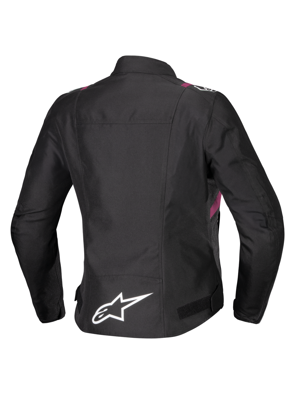 Alpinestars Stella T-SPS V2 Waterproof-jacka, motorcykeljacka för dam, svart med vita och Diva Pink-detaljer, vy bakifrån som visar vit stjärnlogotyp på nedre delen av ryggen, sportinspirerad siluett med slitstark textilfinish