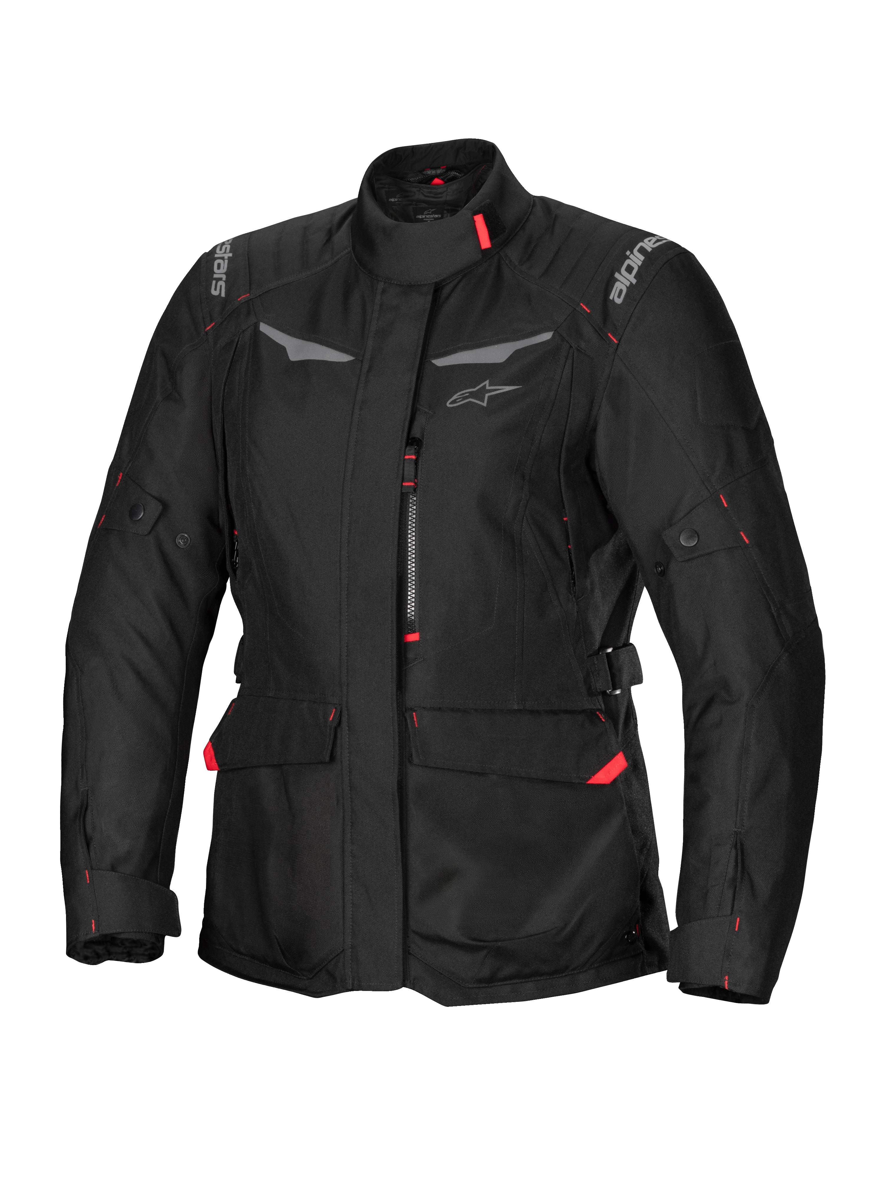 Alpinestars Stella ST-1 Waterproof Jacket, Women's Motorcycle Touring Jacket, Black with Red Accents, High Collar, Front Zipper, Large Waist Cargo Pockets, Adjustable Waist and Cuff Straps, Weather-Resistant Construction