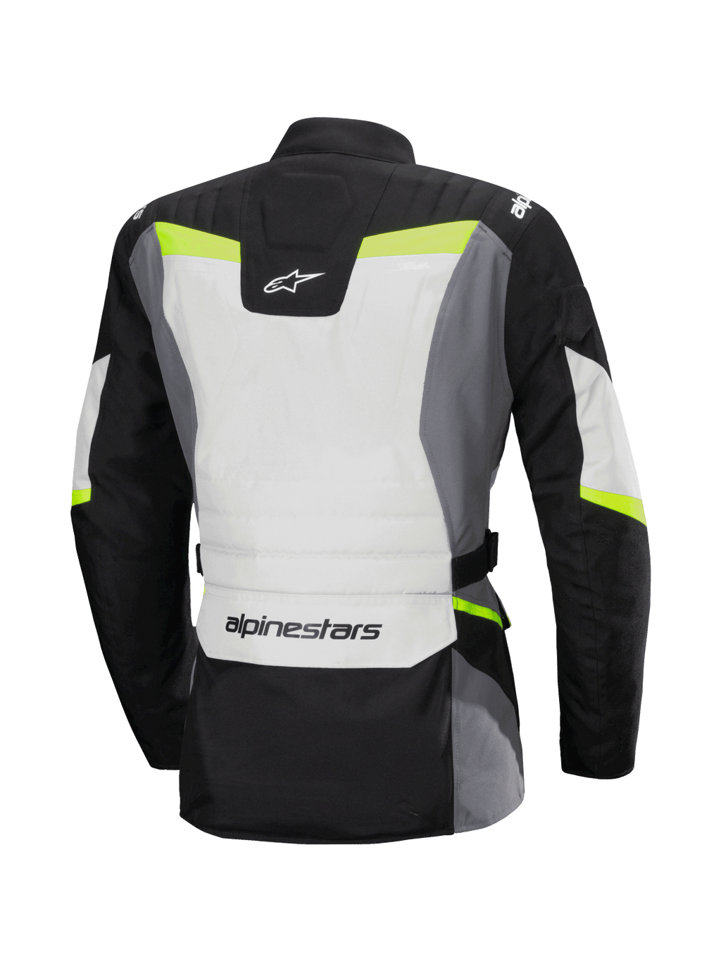 Alpinestars Stella ST-1 vattentät jacka, baksida, touringjacka för damer, Ice Gray, svart och gul fluo, Alpinestars-logotyp på nedre delen av ryggen och i nacken, adventure touring-design med skyddande textilkonstruktion och fluorescerande detaljer