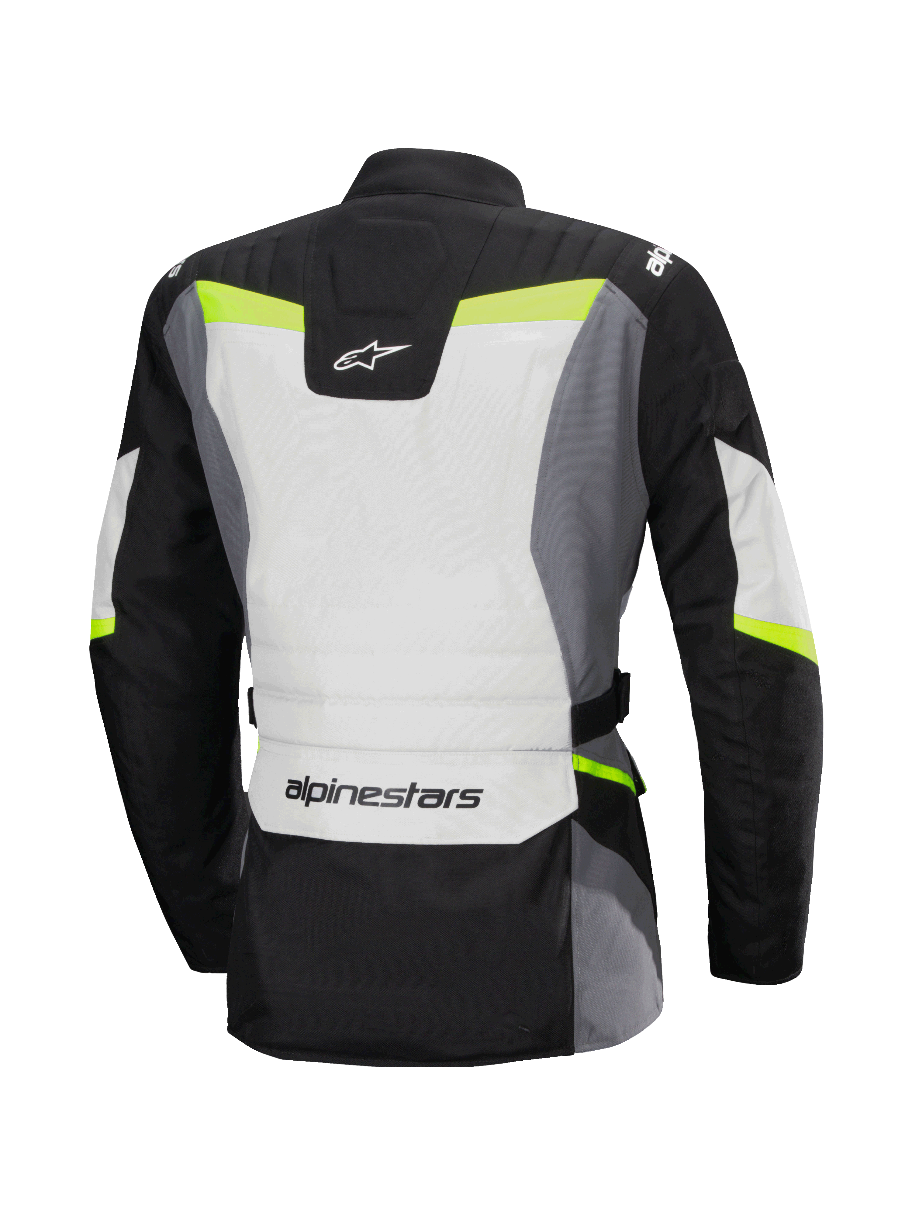 Alpinestars Stella ST-1 vattentät jacka, baksida, touringjacka för damer, Ice Gray, svart och gul fluo, Alpinestars-logotyp på nedre delen av ryggen och i nacken, adventure touring-design med skyddande textilkonstruktion och fluorescerande detaljer