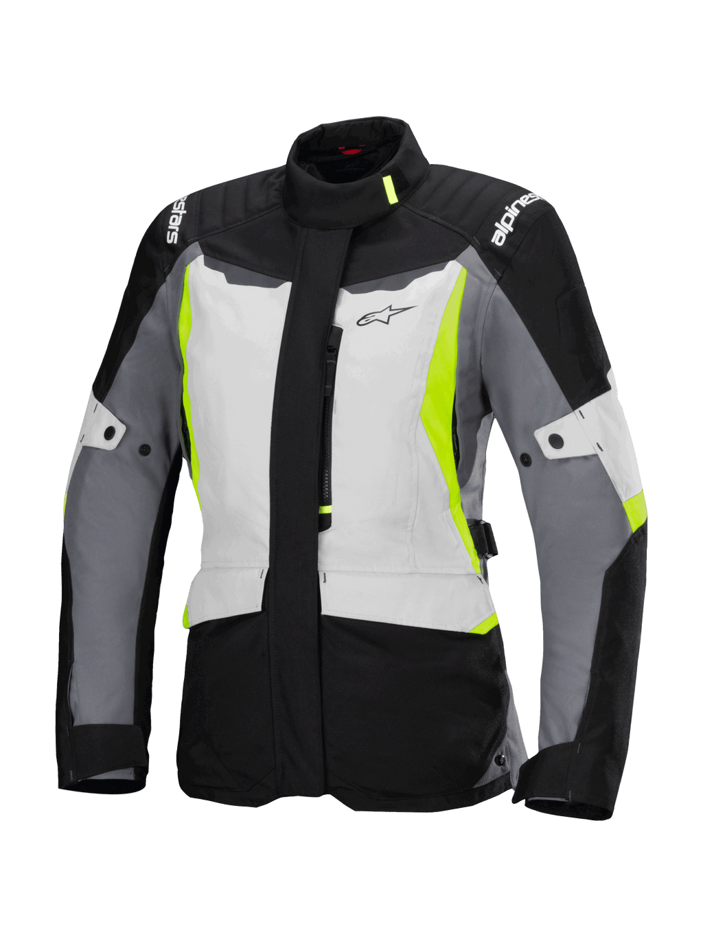 Alpinestars Stella ST-1 Waterproof Jacket, touring-motorcykeljacka för dam, isgrå, svart och neongul, med hög krage, främre dragkedja, förstärkta axlar med logotyper och justerbara midjeremmar, adventure touring-inspirerad design