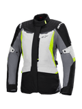 Alpinestars Stella ST-1 Waterproof Jacket, touring-motorcykeljacka för dam, isgrå, svart och neongul, med hög krage, främre dragkedja, förstärkta axlar med logotyper och justerbara midjeremmar, adventure touring-inspirerad design