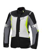 Alpinestars Stella ST-1 Waterproof Jacket, touring-motorcykeljacka för dam, isgrå, svart och neongul, med hög krage, främre dragkedja, förstärkta axlar med logotyper och justerbara midjeremmar, adventure touring-inspirerad design