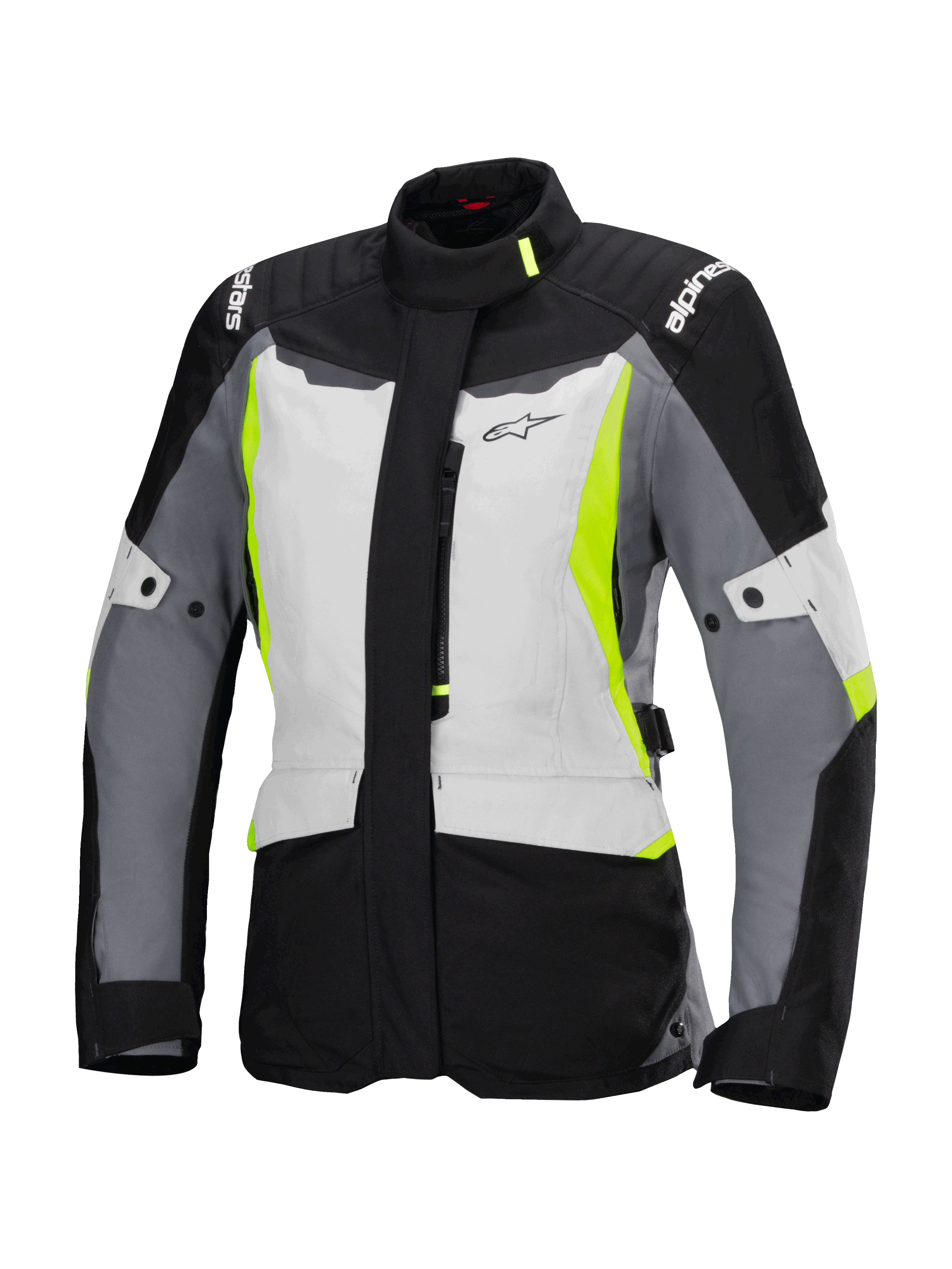 Alpinestars Stella ST-1 Waterproof Jacket, touring-motorcykeljacka för dam, isgrå, svart och neongul, med hög krage, främre dragkedja, förstärkta axlar med logotyper och justerbara midjeremmar, adventure touring-inspirerad design