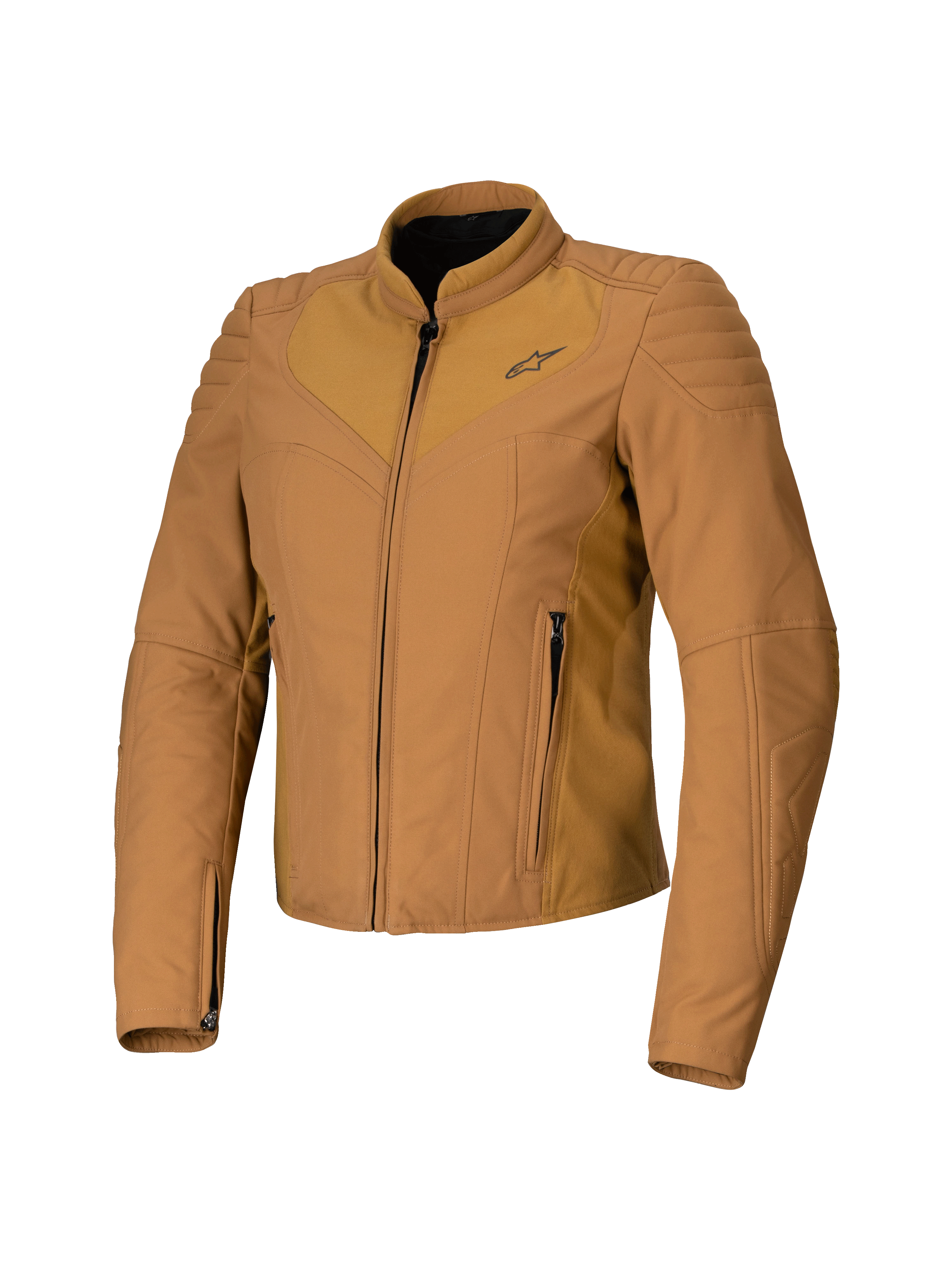 Alpinestars Isla WR damjacka, motorcykeljacka för dam i ljusbrun (Utility Brown Light Gold), skräddad slim fit-passform, hög krage, quiltade axeldetaljer, dragkedja fram och sidofickor, teknisk urban mc-utrustning