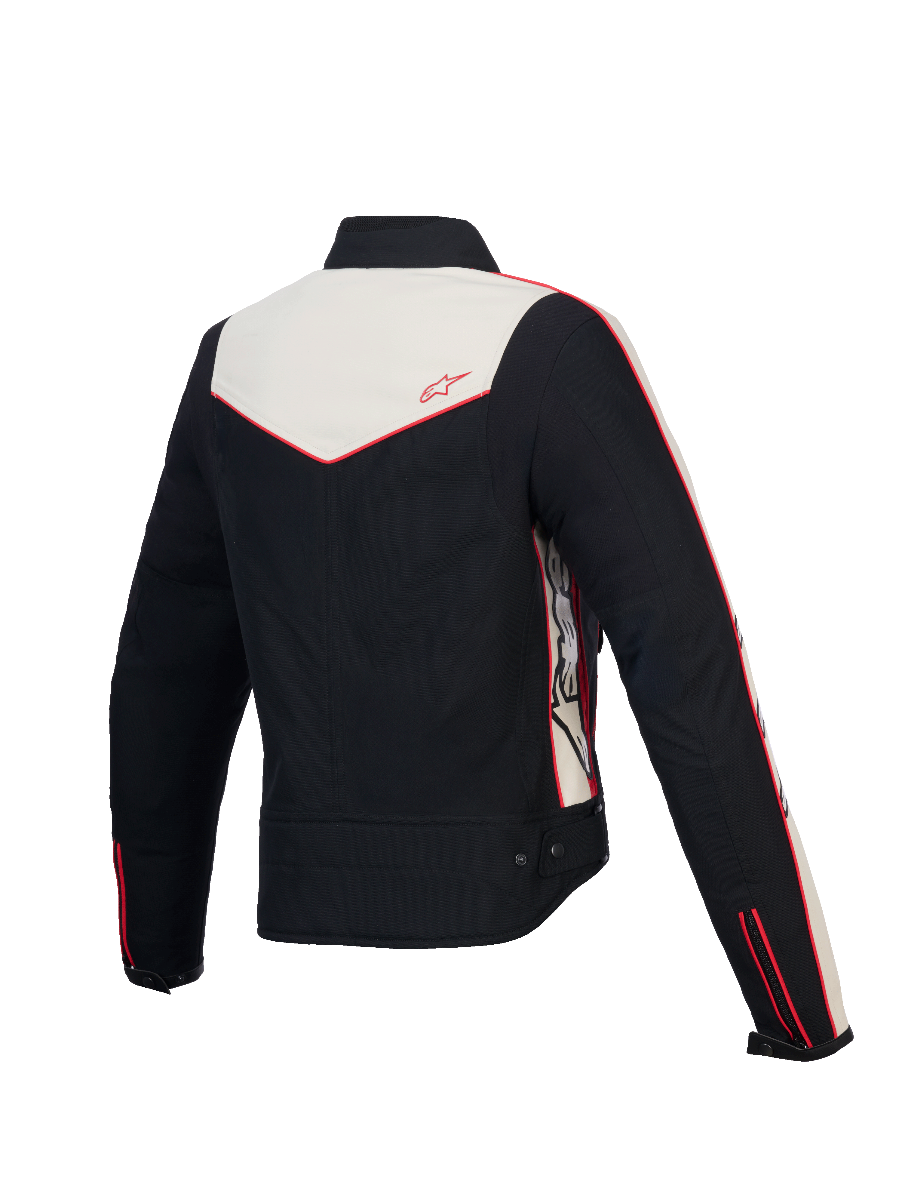 Alpinestars Stella T-Dyno Water Resistant Jacket, Women's Motorcycle Textile Jacket, back view showing vintage-inspired biker fit, Black, Ecru and Bright Red, CE certified protection