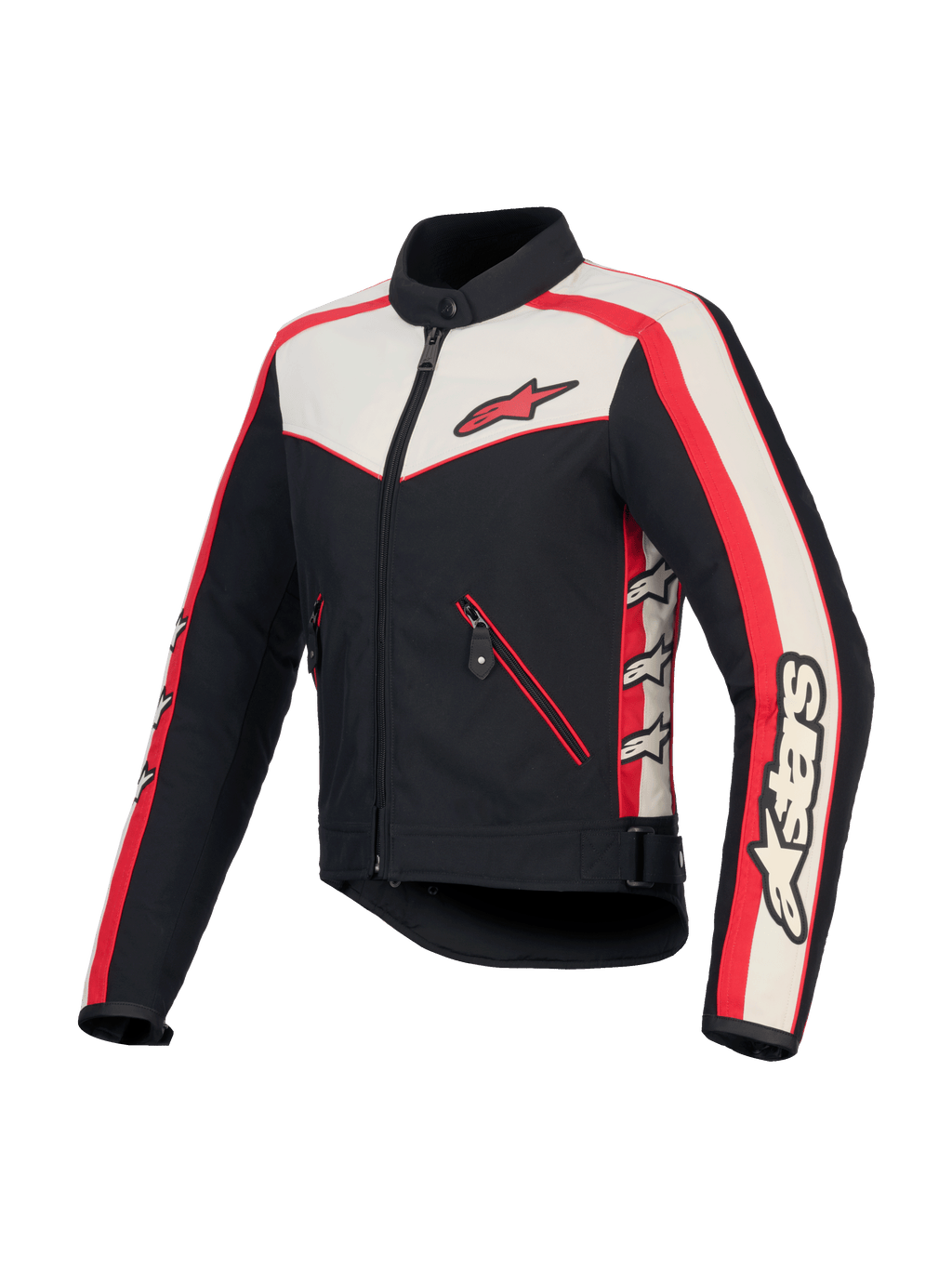 Alpinestars Stella T-Dyno Water Resistant Jacket, women's textile motorcycle jacket, Black, Ecru and Bright Red, CE certified with vintage-inspired biker fit and zippered pockets