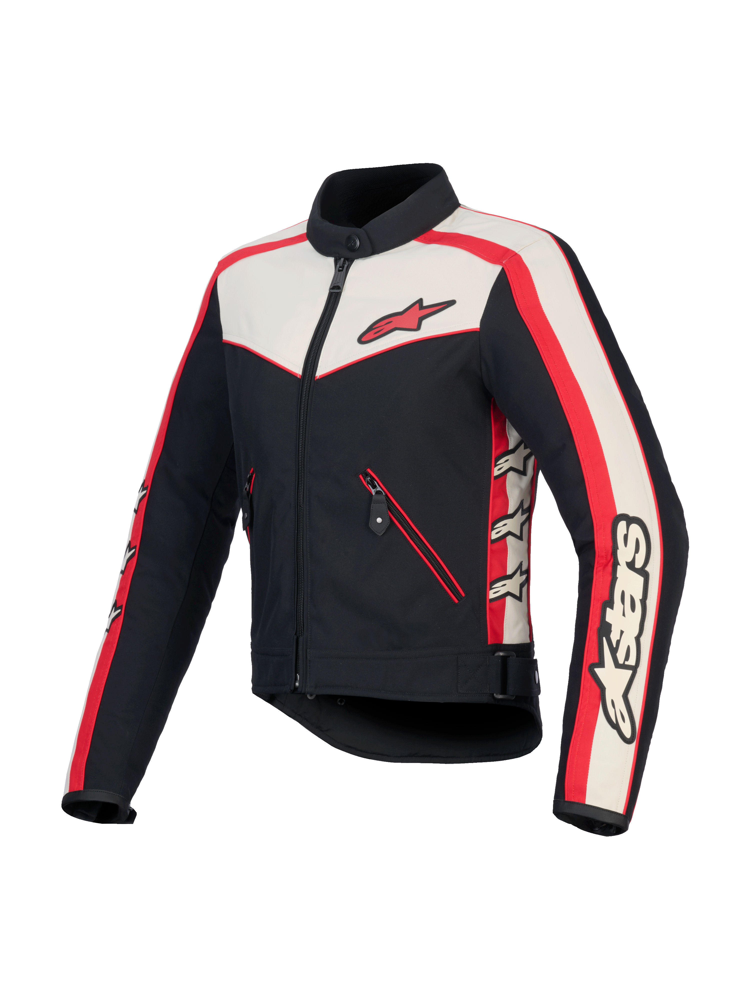 Alpinestars Stella T-Dyno Water Resistant Jacket, women's textile motorcycle jacket, Black, Ecru and Bright Red, CE certified with vintage-inspired biker fit and zippered pockets