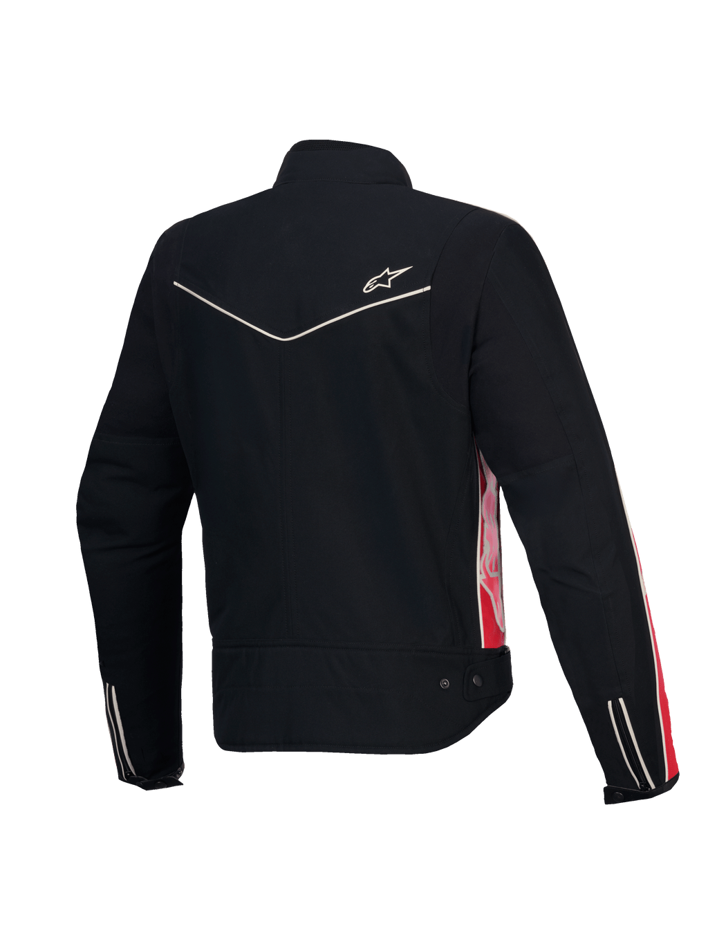 Alpinestars Stella T-Dyno vattenavvisande dam-MC-jacka, baksida i svart med klarröda och cerisefärgade detaljer, CE-certifierad, vintage biker-passform