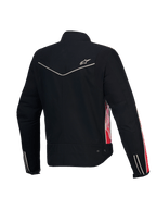 Alpinestars Stella T-Dyno vattenavvisande dam-MC-jacka, baksida i svart med klarröda och cerisefärgade detaljer, CE-certifierad, vintage biker-passform