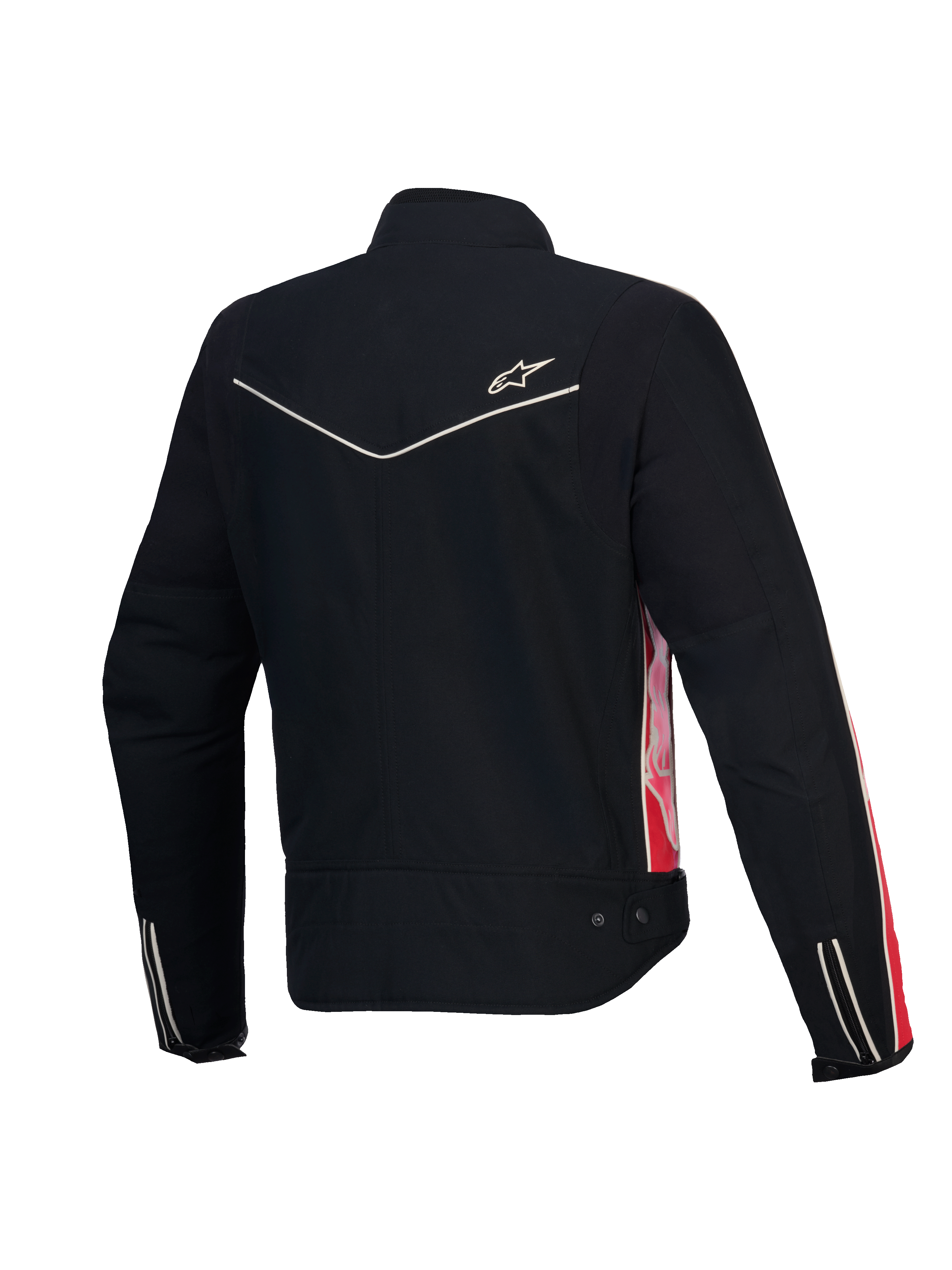 Alpinestars Stella T-Dyno vattenavvisande dam-MC-jacka, baksida i svart med klarröda och cerisefärgade detaljer, CE-certifierad, vintage biker-passform