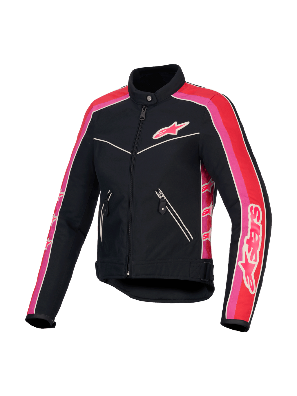 Alpinestars Stella T-Dyno vattenavvisande dammotorcykeljacka, svart, klarröd och fuchsia, CE-certifierad med vintage biker-passform